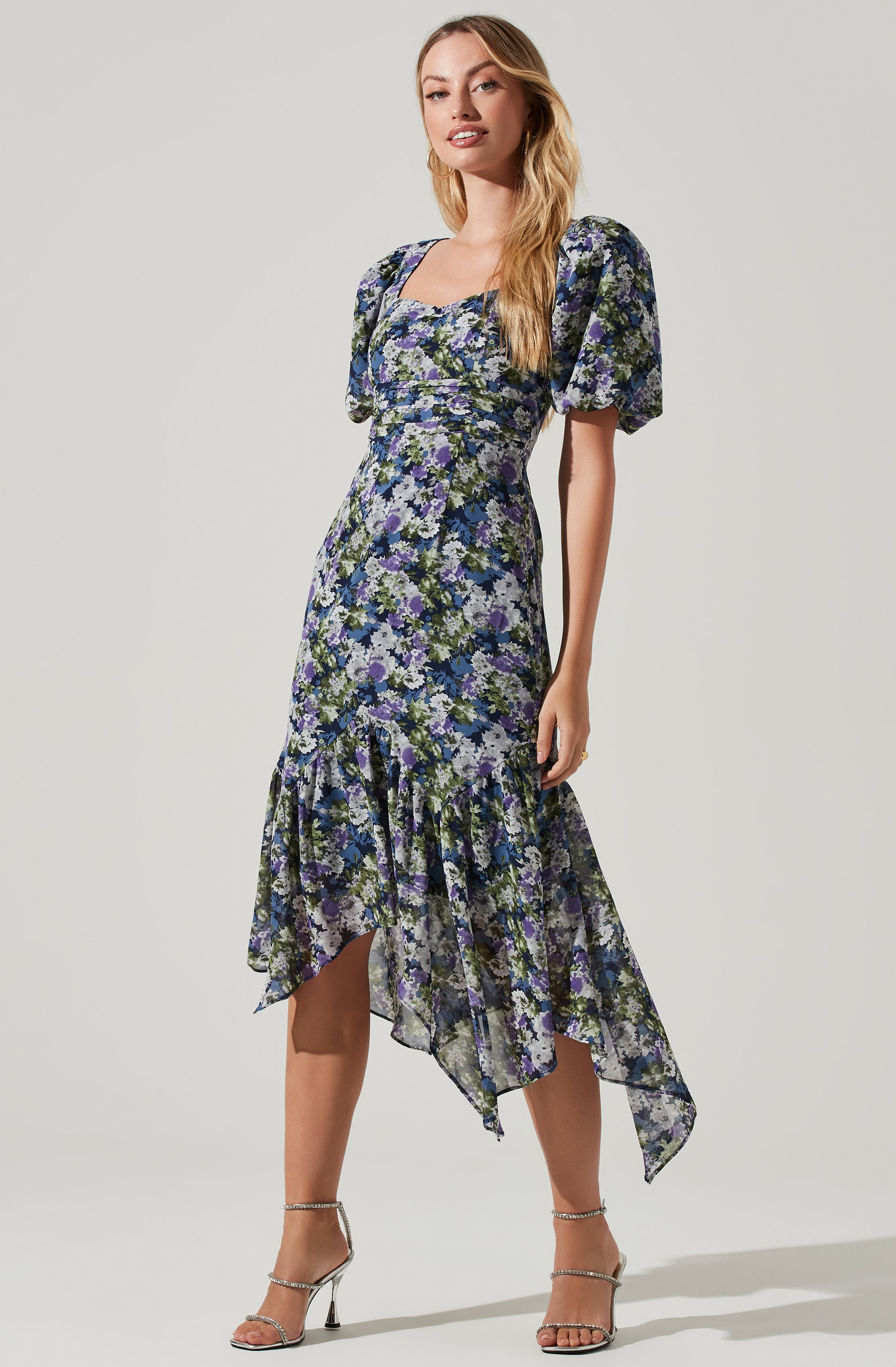 Floral Short Sleeve Asymmetrical Hem Midi Dress-Aljck