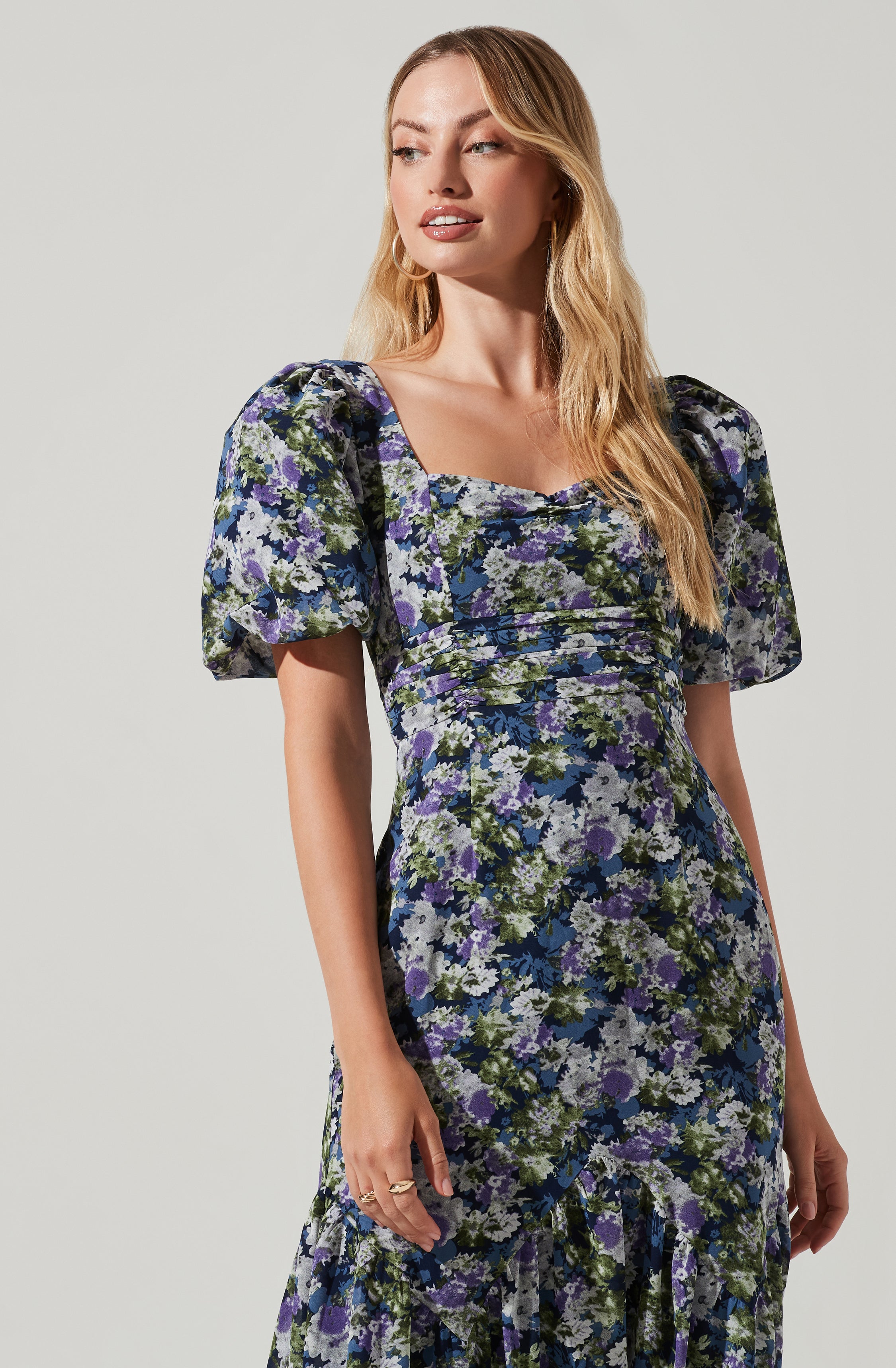 Floral Short Sleeve Asymmetrical Hem Midi Dress-Aljck