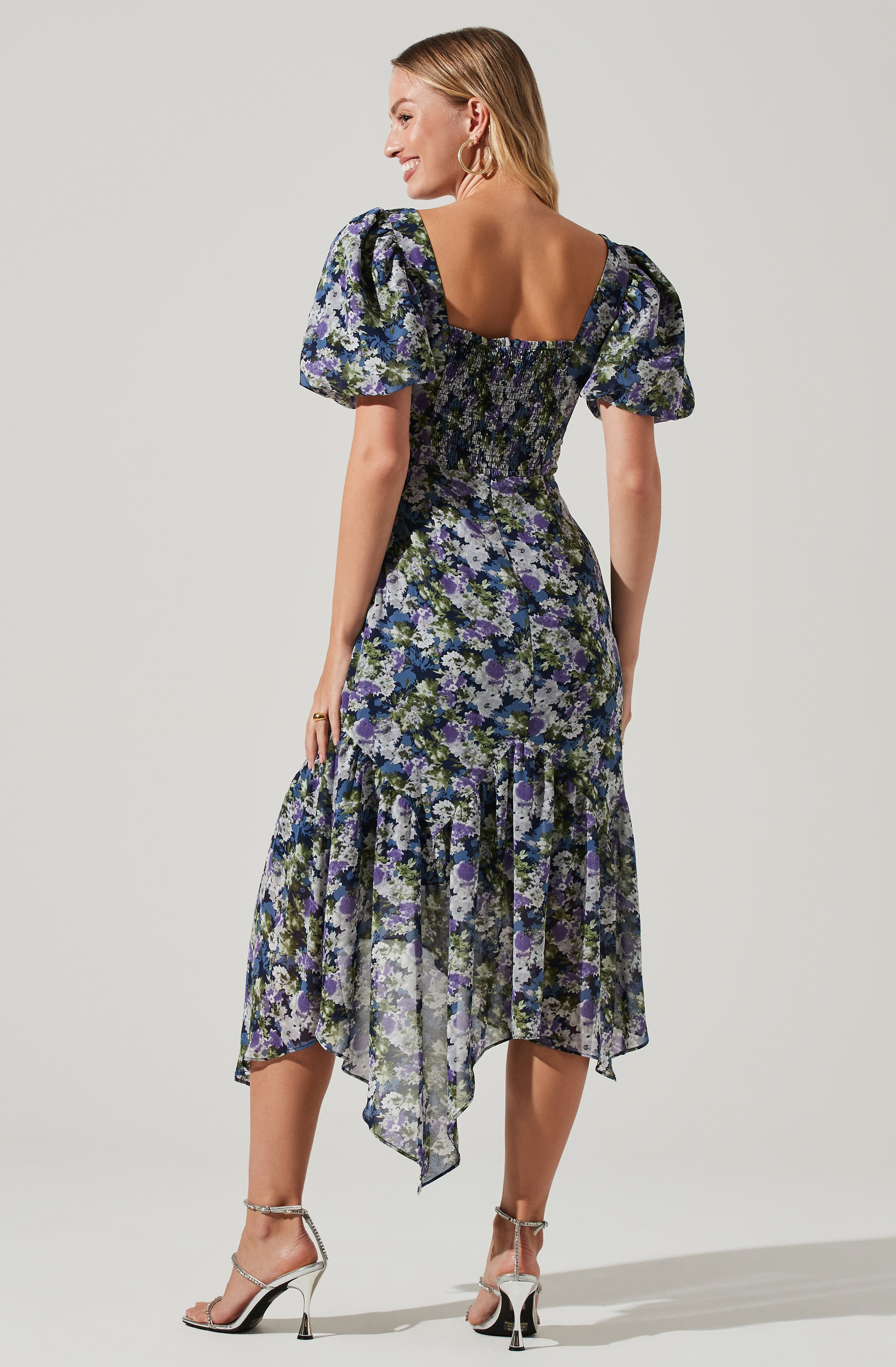 Floral Short Sleeve Asymmetrical Hem Midi Dress-Aljck