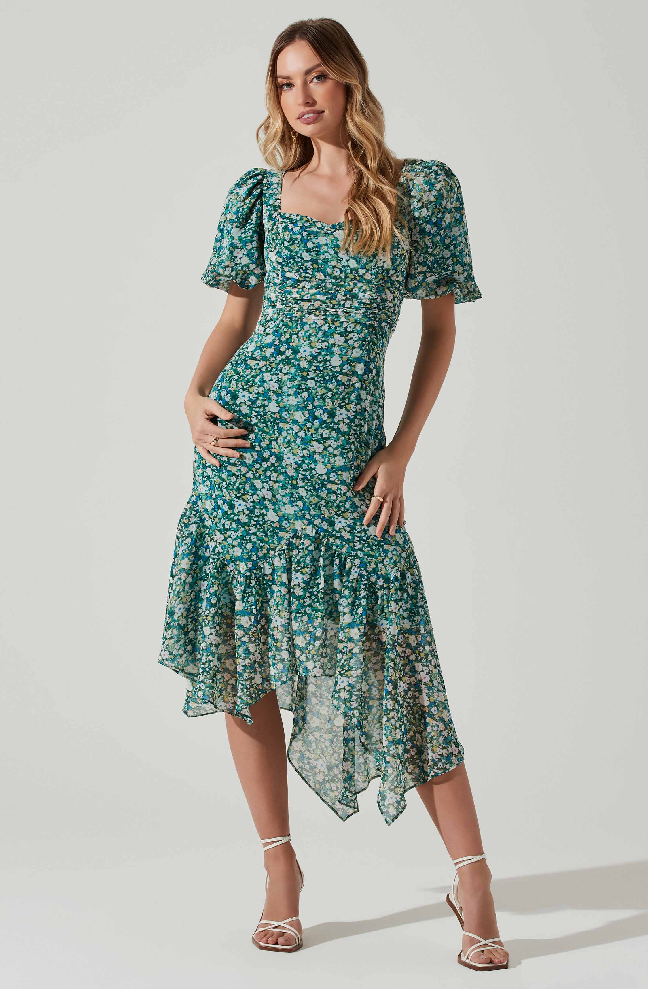 Floral Short Sleeve Asymmetrical Hem Midi Dress-Aljck