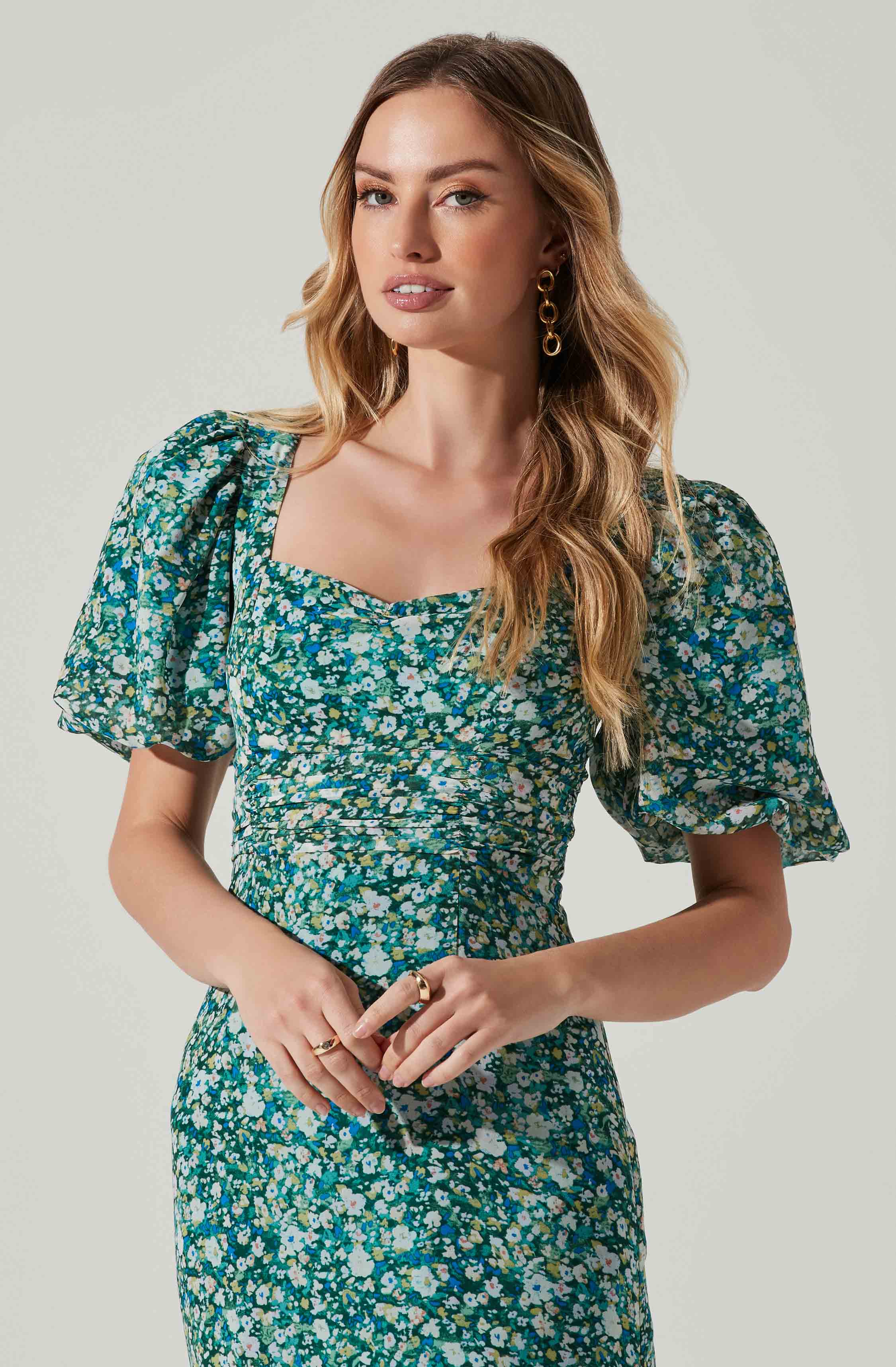 Floral Short Sleeve Asymmetrical Hem Midi Dress-Aljck