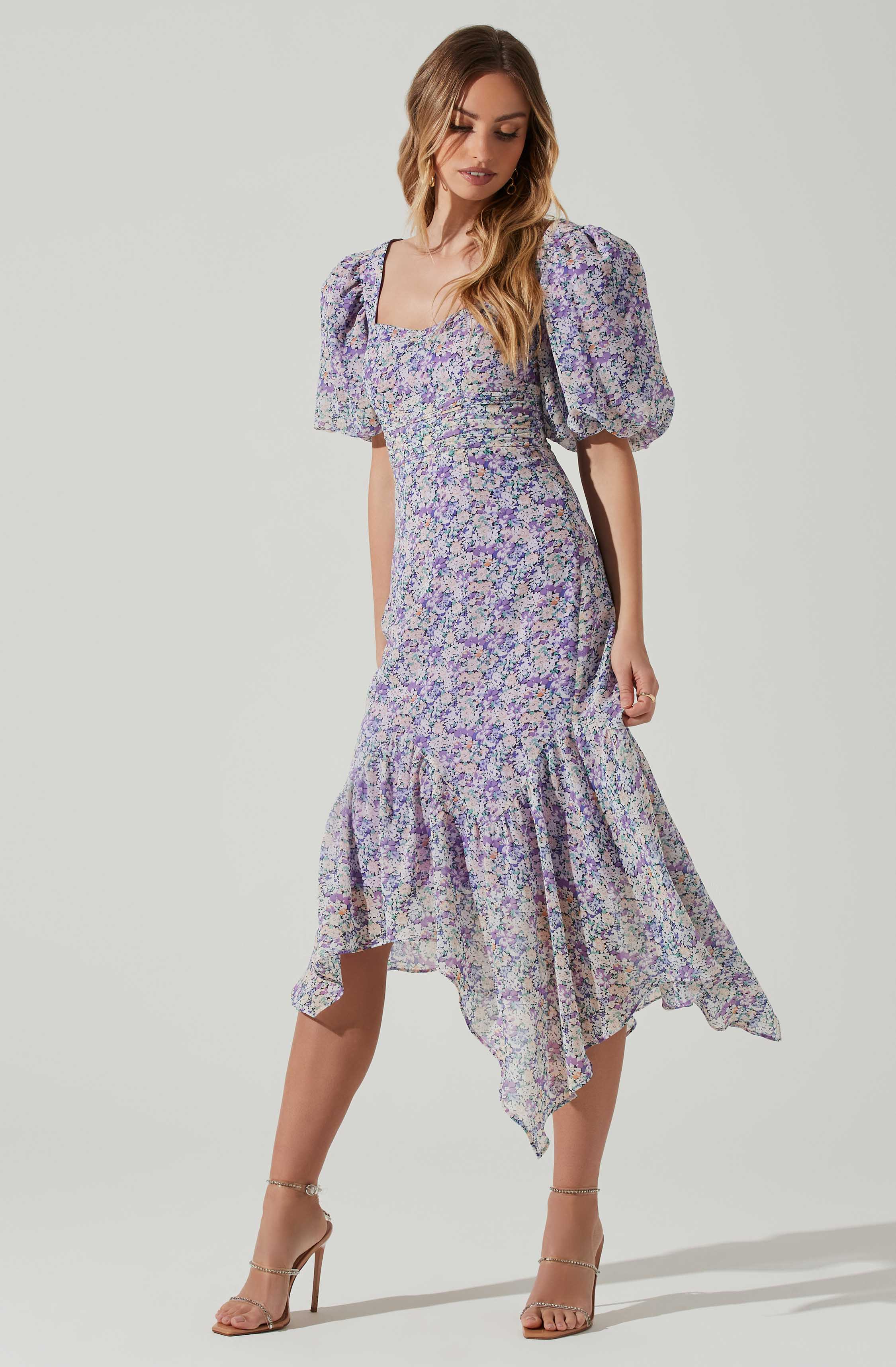 Floral Short Sleeve Asymmetrical Hem Midi Dress-Aljck