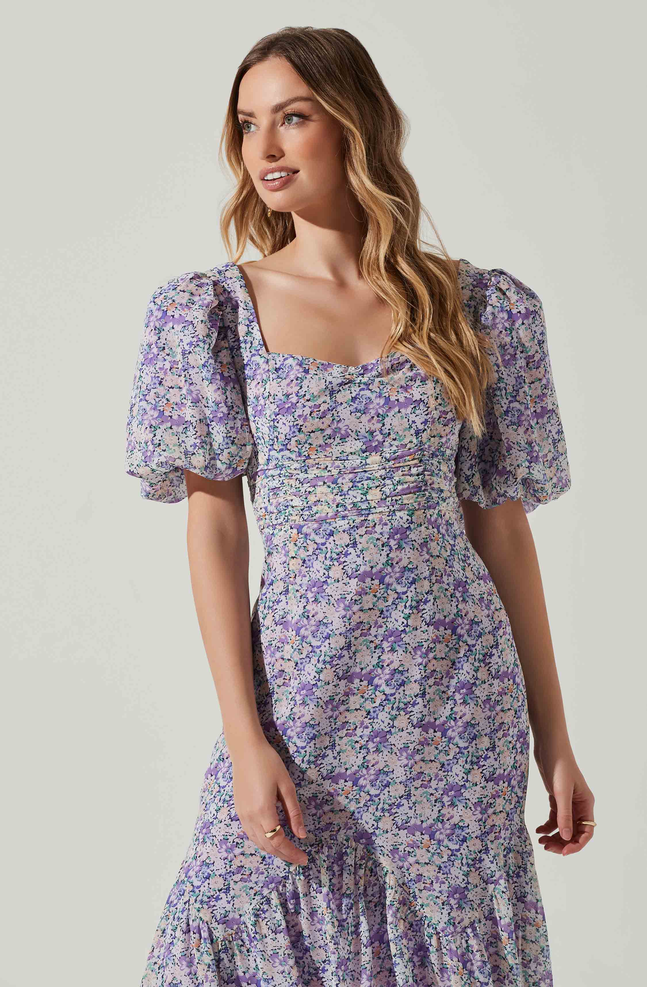 Floral Short Sleeve Asymmetrical Hem Midi Dress-Aljck