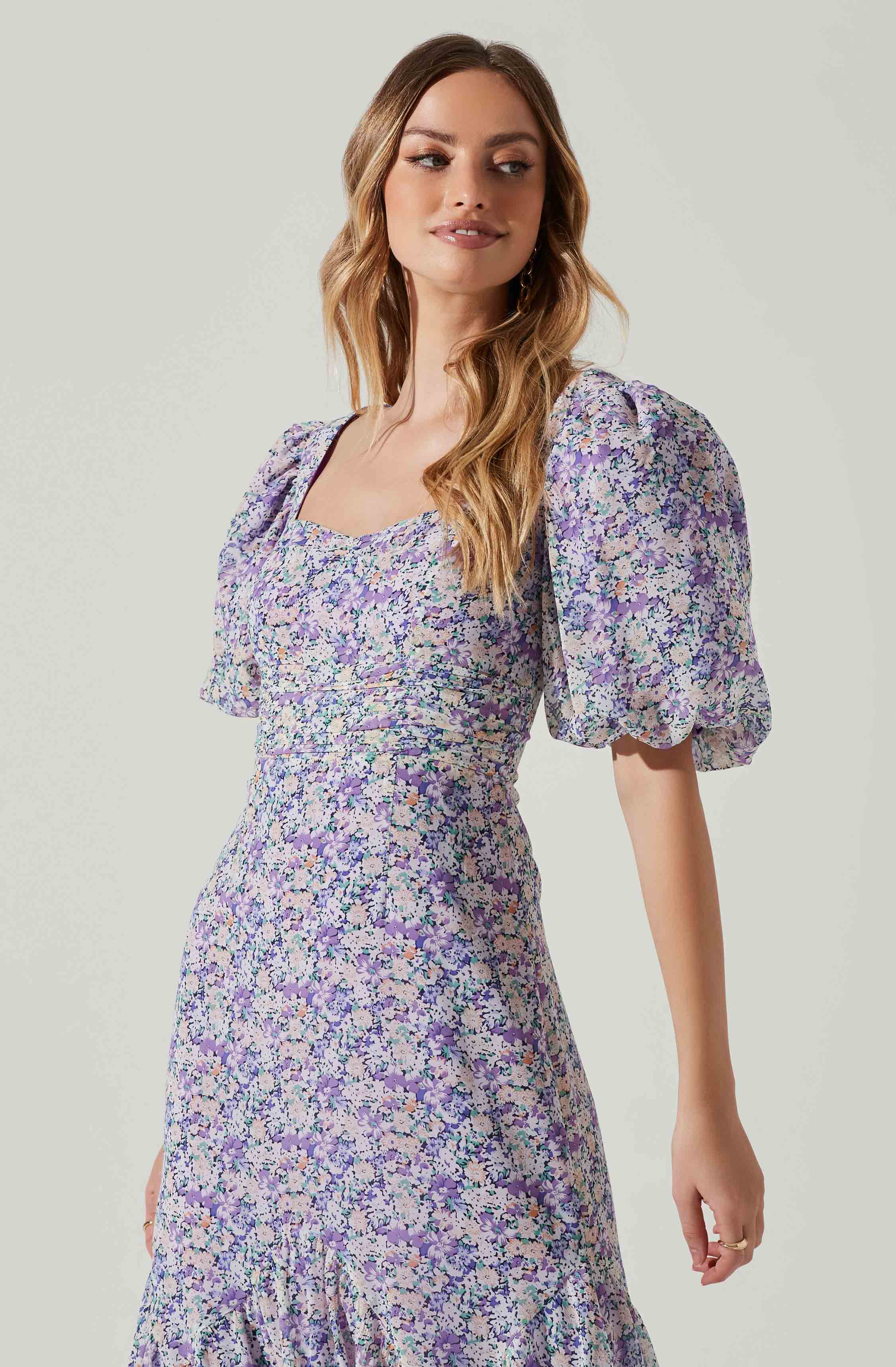 Floral Short Sleeve Asymmetrical Hem Midi Dress-Aljck