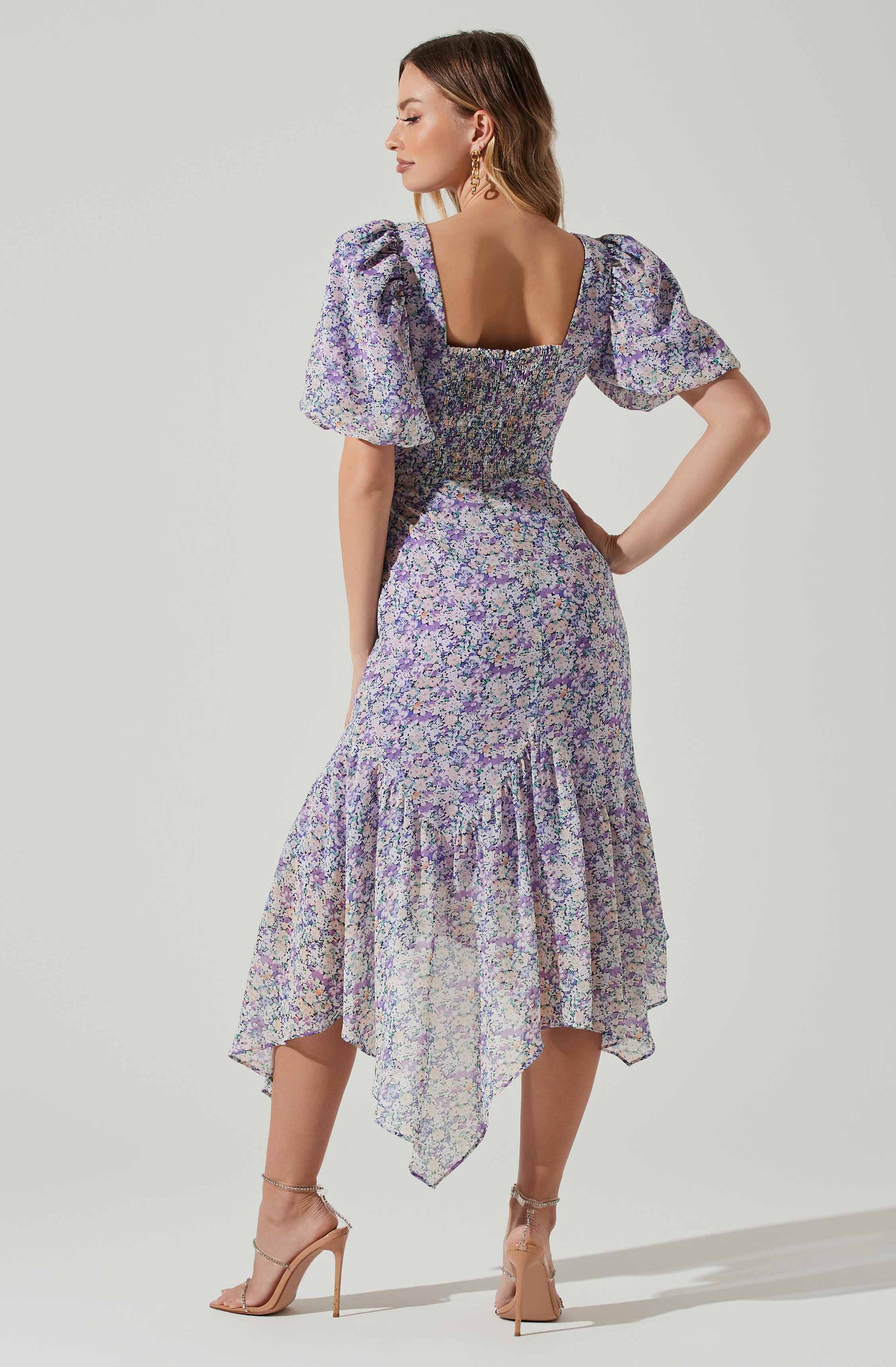 Floral Short Sleeve Asymmetrical Hem Midi Dress-Aljck