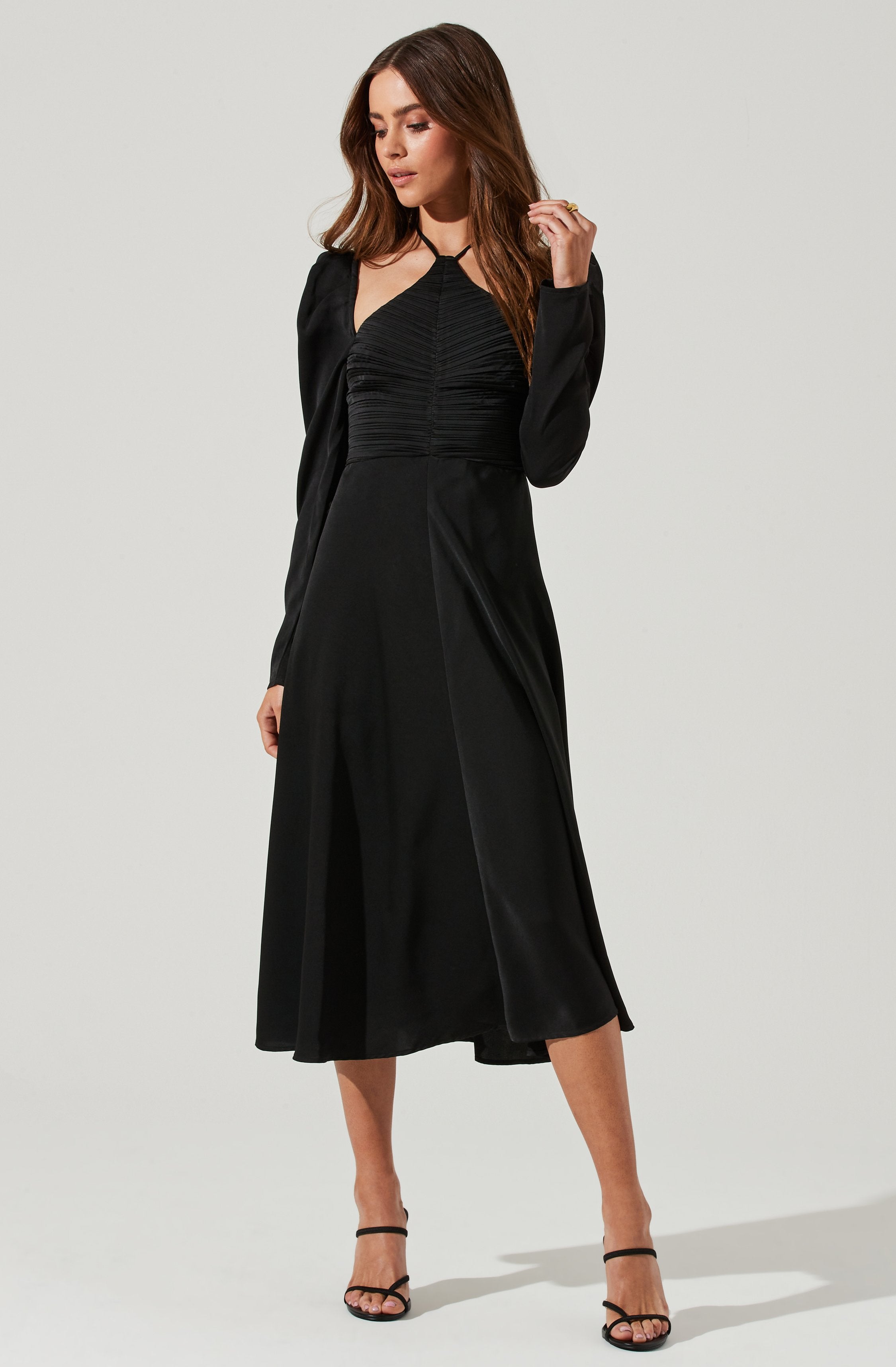 Cinched Halter Tie Satin Midi Dress-Aljck