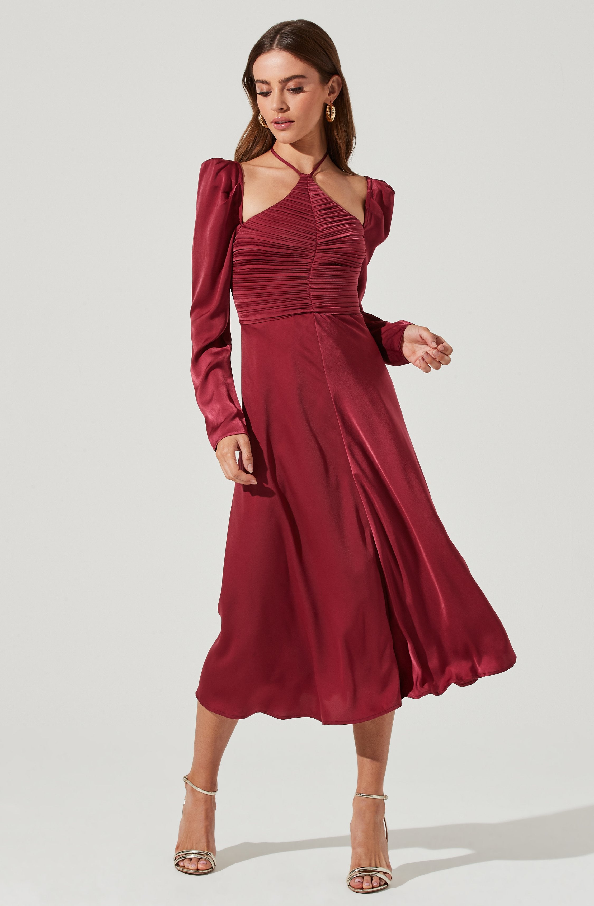 Cinched Halter Tie Satin Midi Dress-Aljck