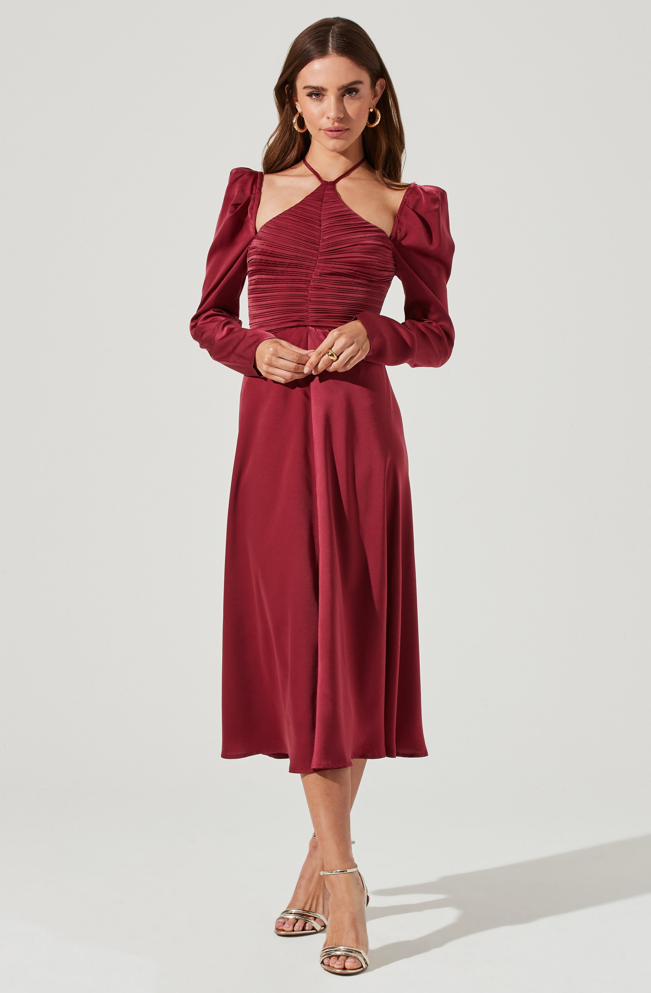 Cinched Halter Tie Satin Midi Dress-Aljck