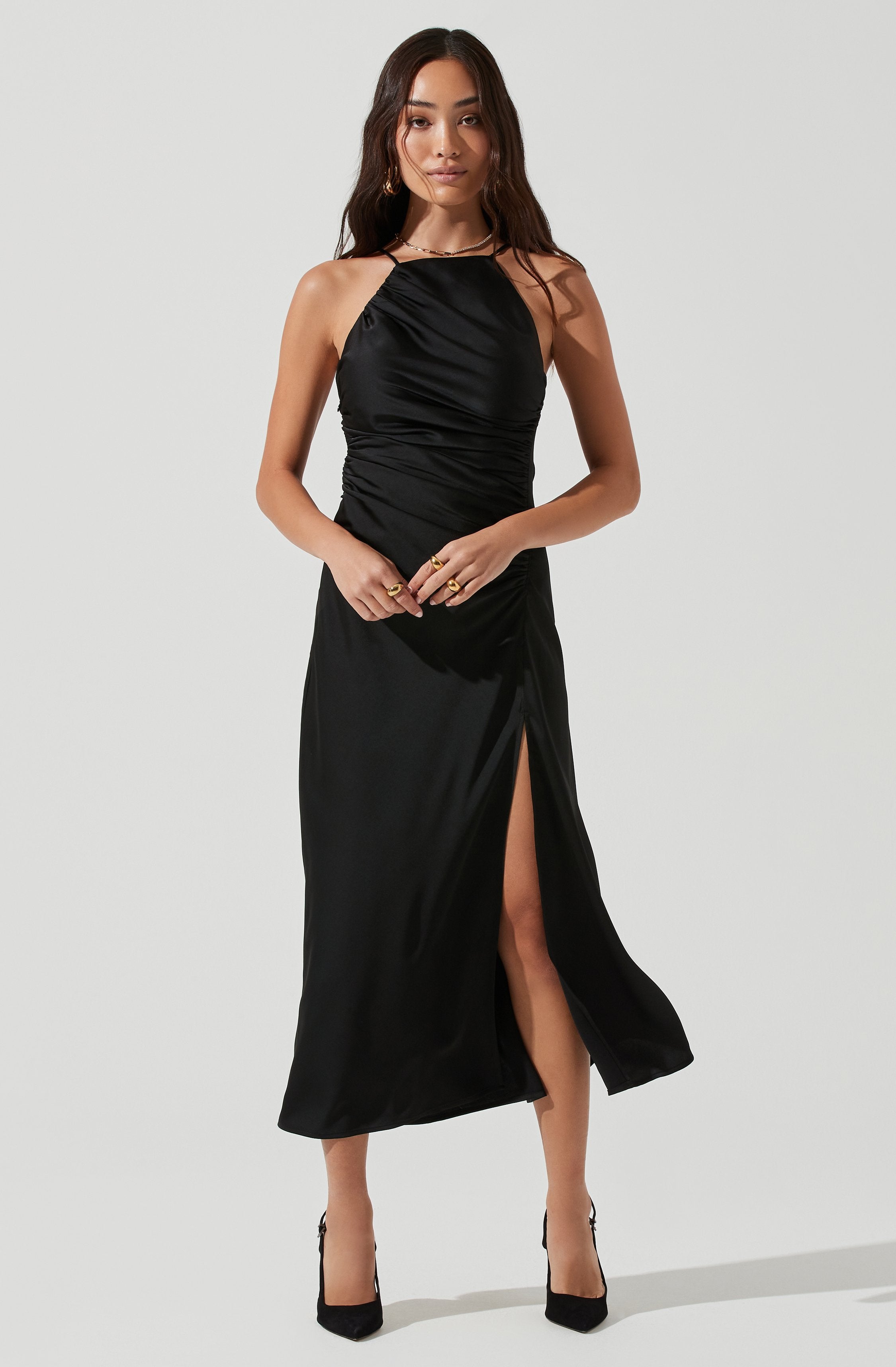 Front Slit Halter Satin Midi Dress-Aljck