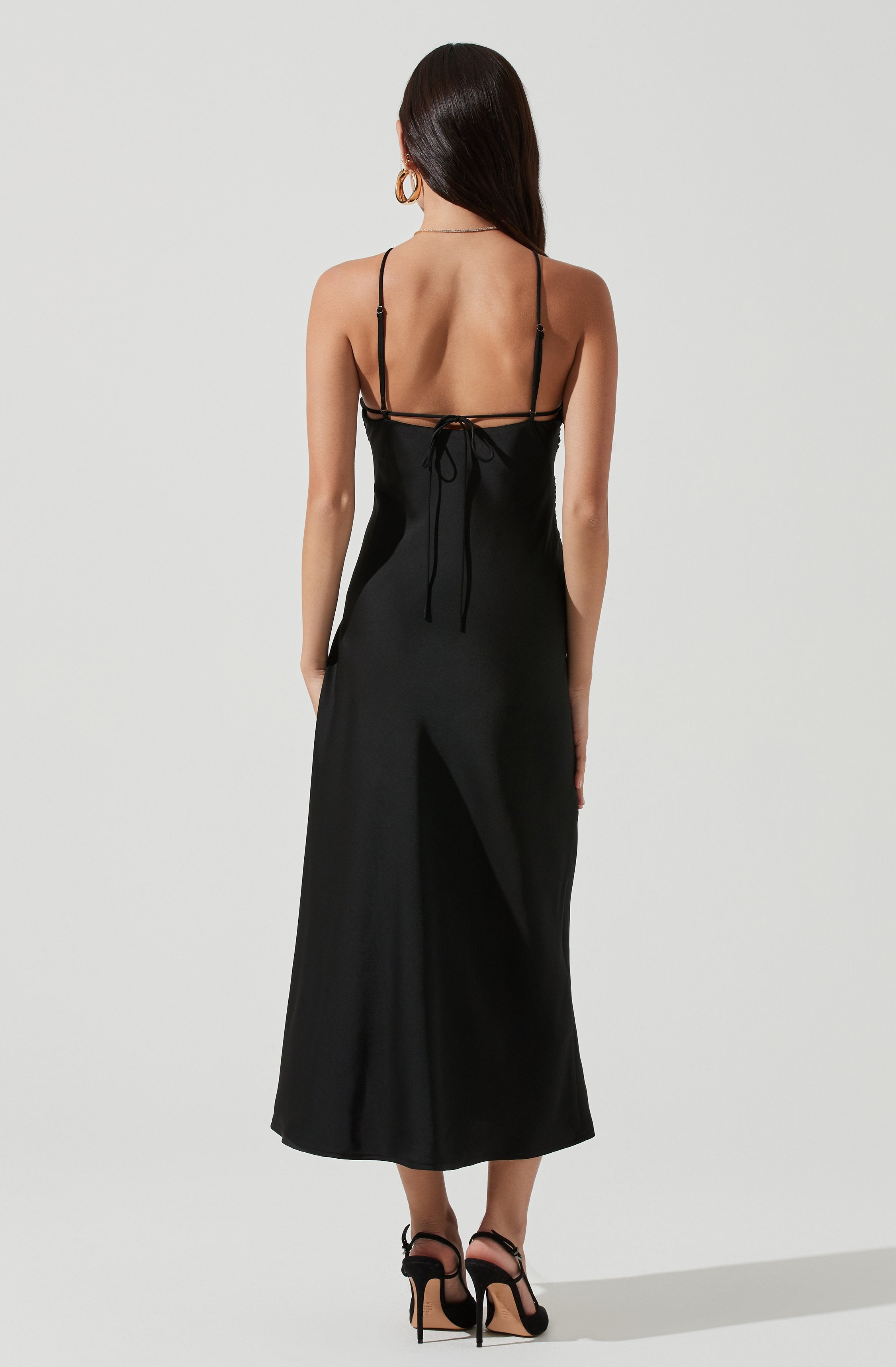 Front Slit Halter Satin Midi Dress-Aljck