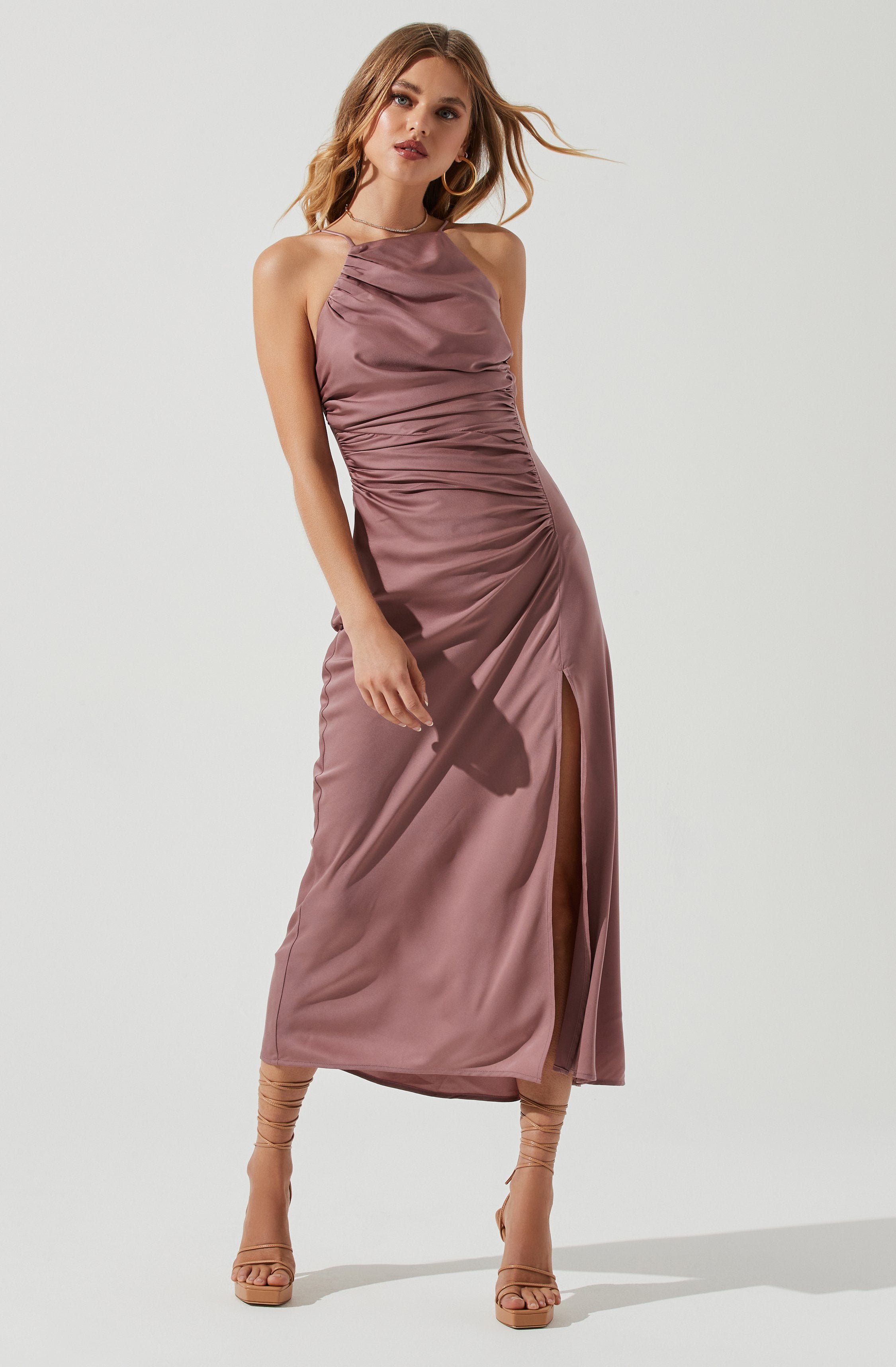 Front Slit Halter Satin Midi Dress-Aljck