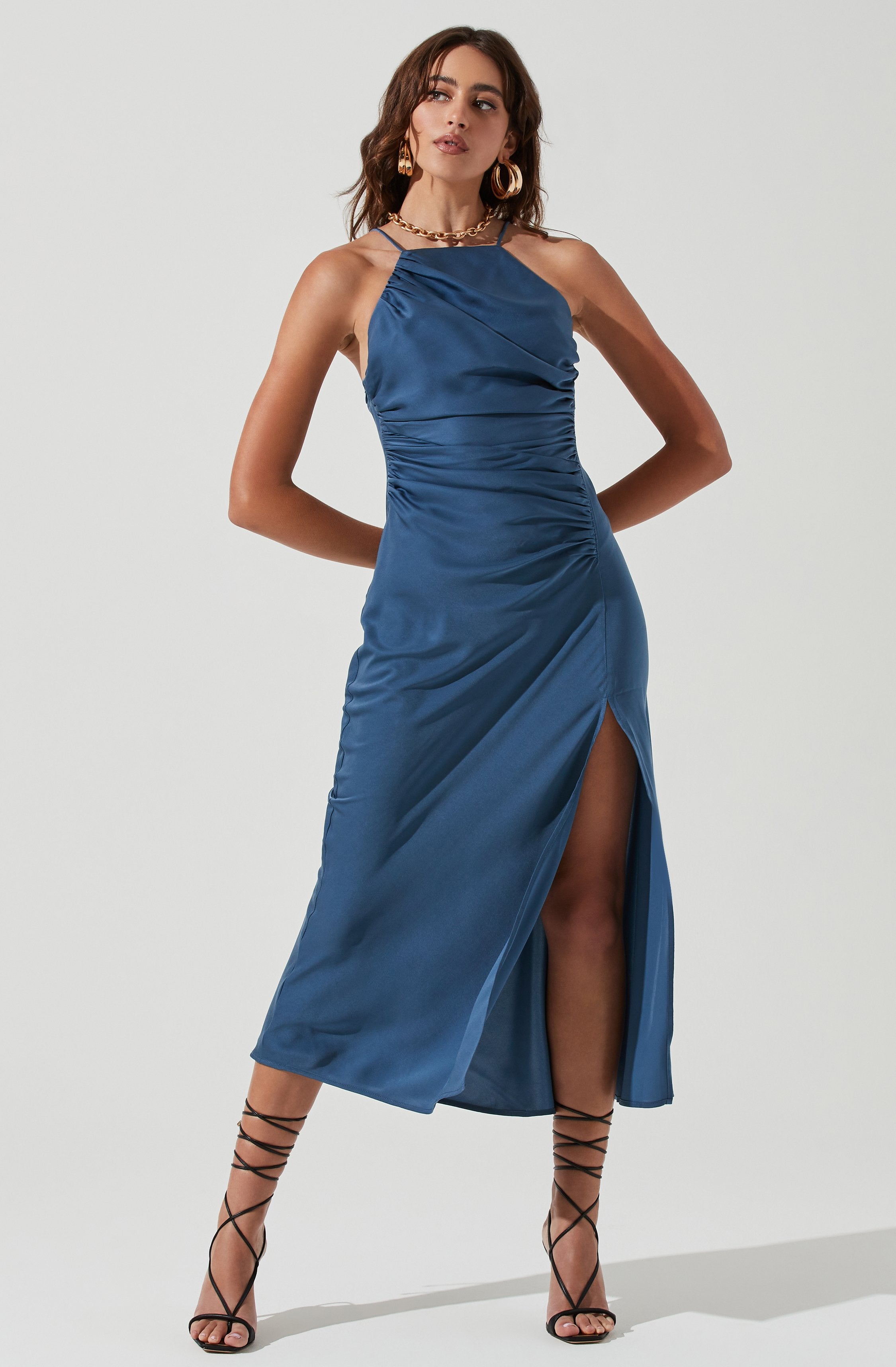 Front Slit Halter Satin Midi Dress-Aljck