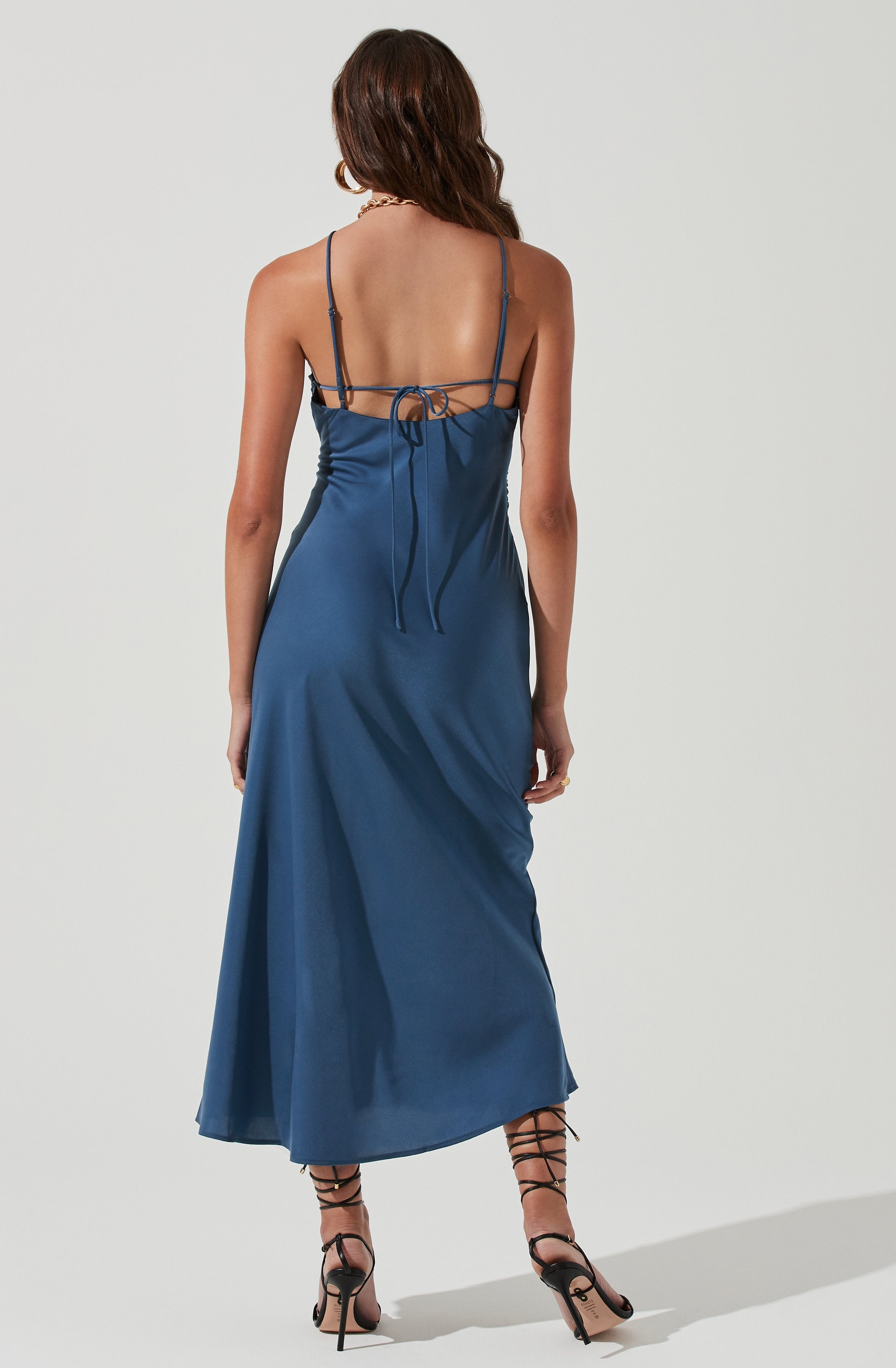 Front Slit Halter Satin Midi Dress-Aljck