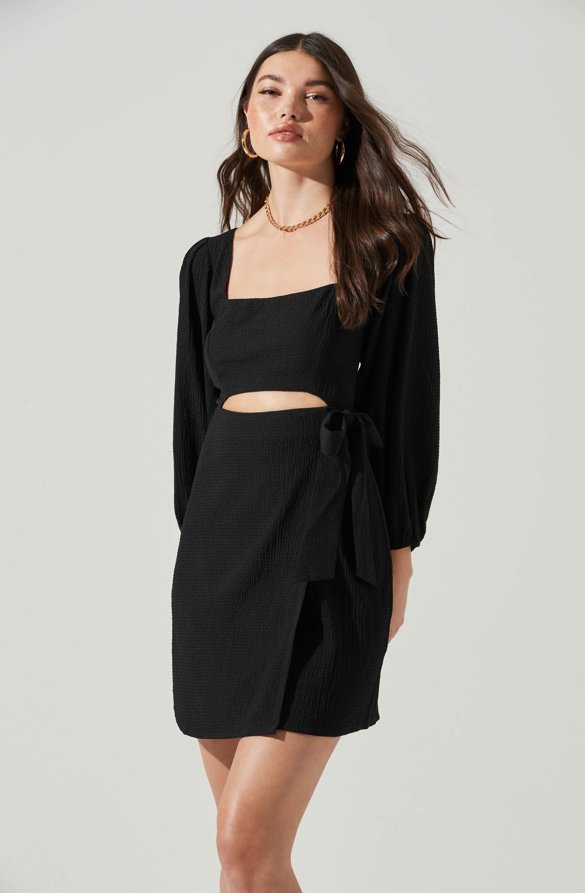 Center Cutout Wrap Skirt Mini Dress-Aljck