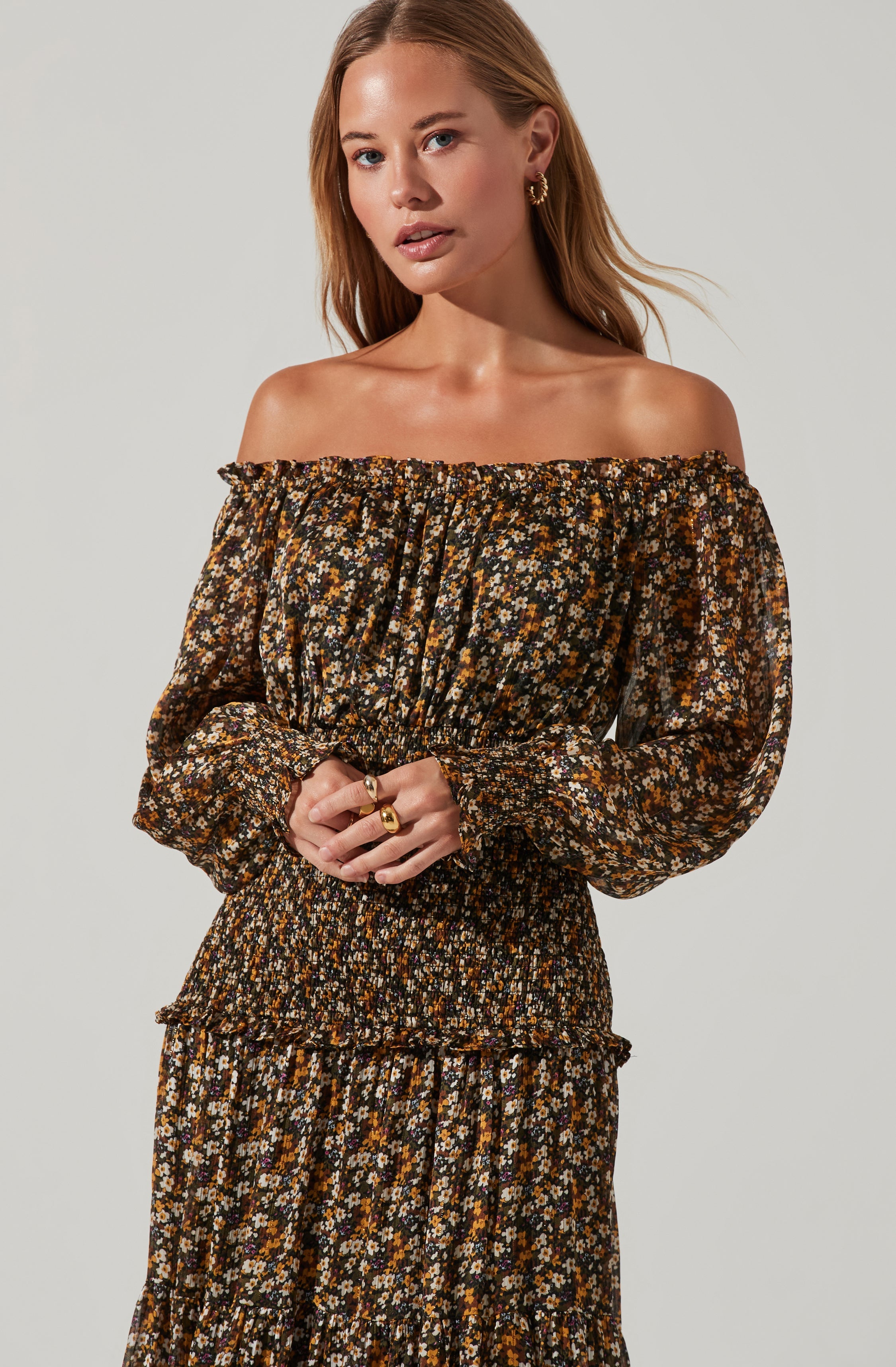 Embrey Floral Off Shoulder Maxi Dress-Aljck