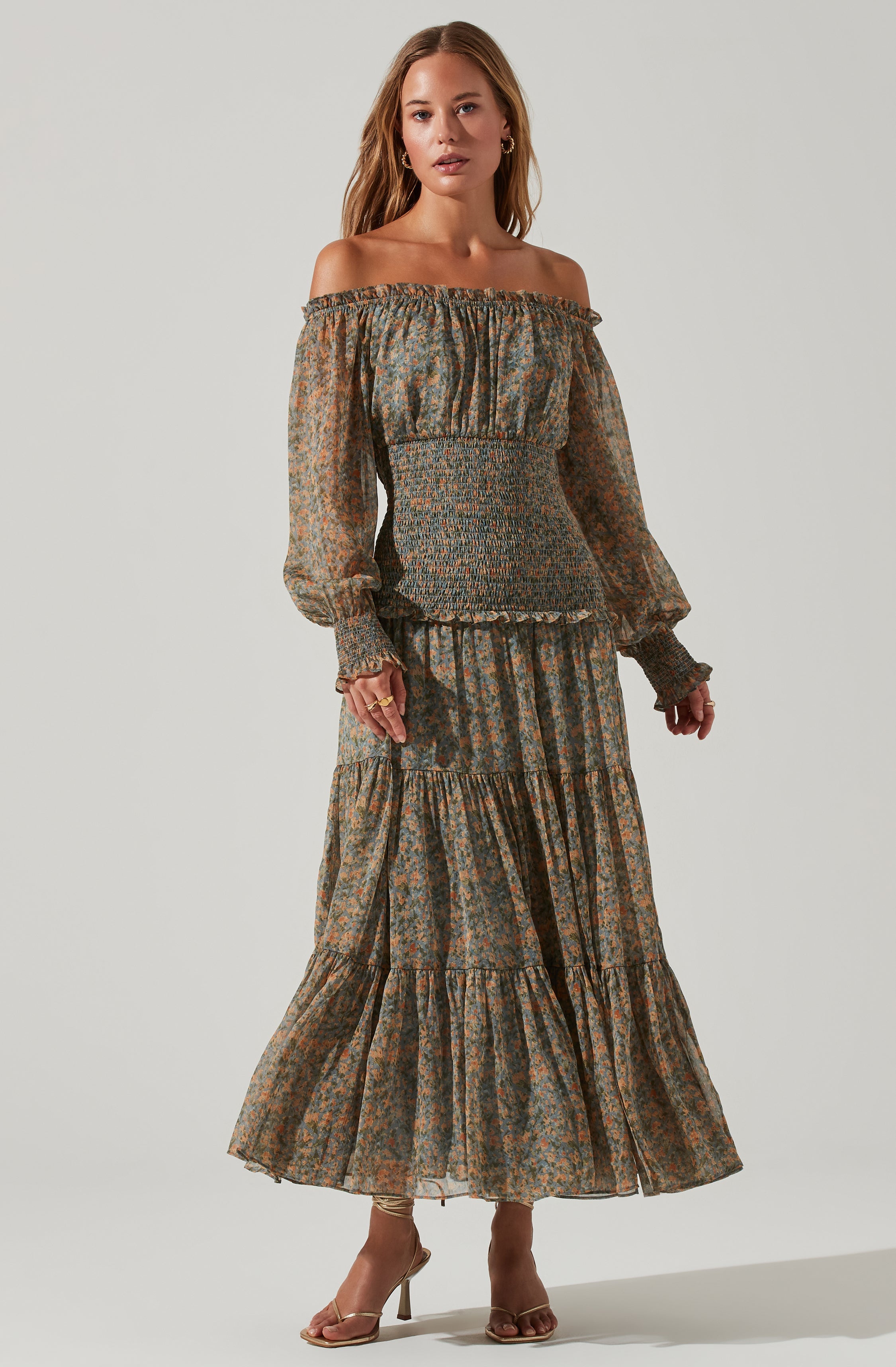 Embrey Floral Off Shoulder Maxi Dress-Aljck