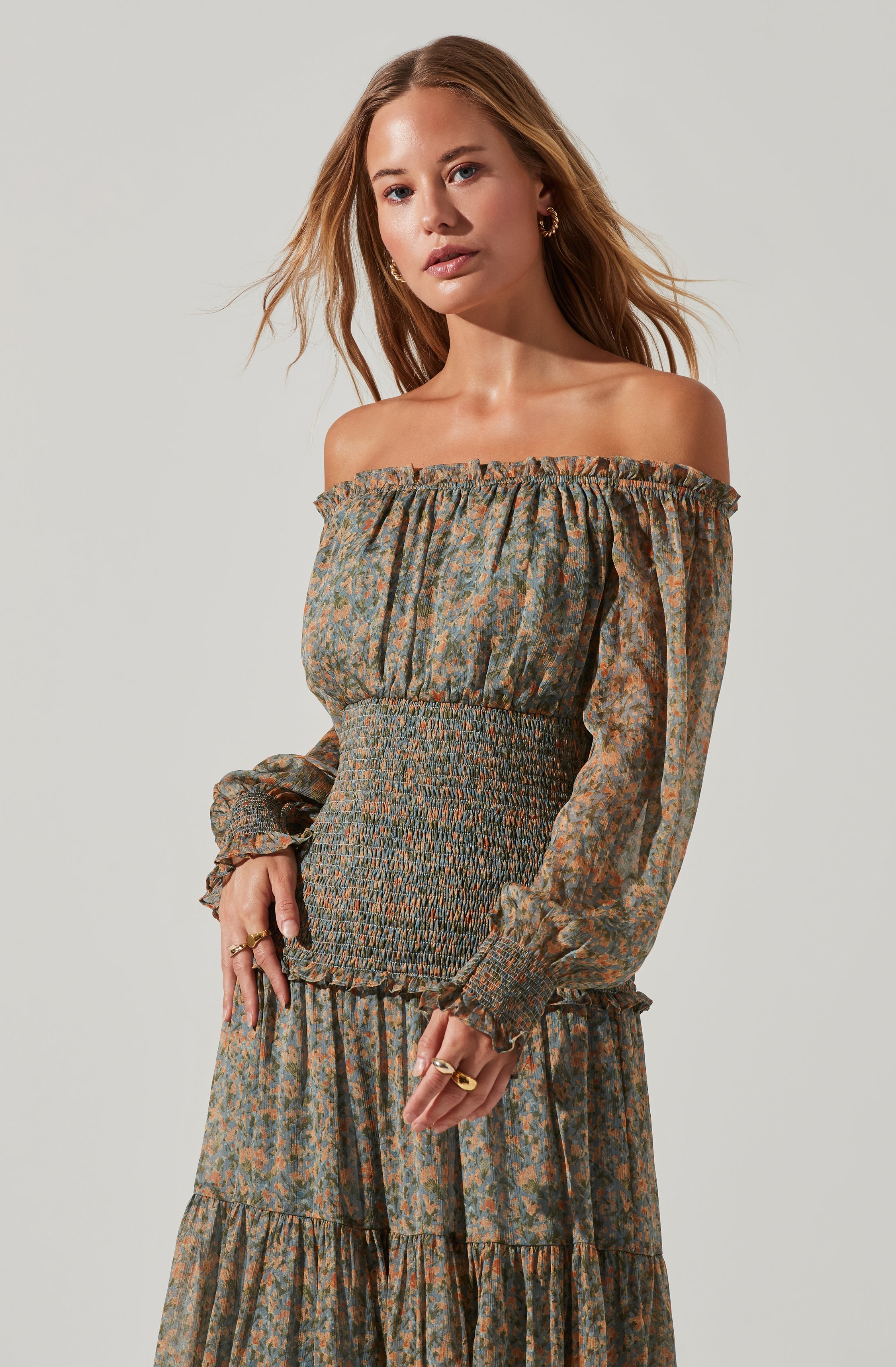 Embrey Floral Off Shoulder Maxi Dress-Aljck