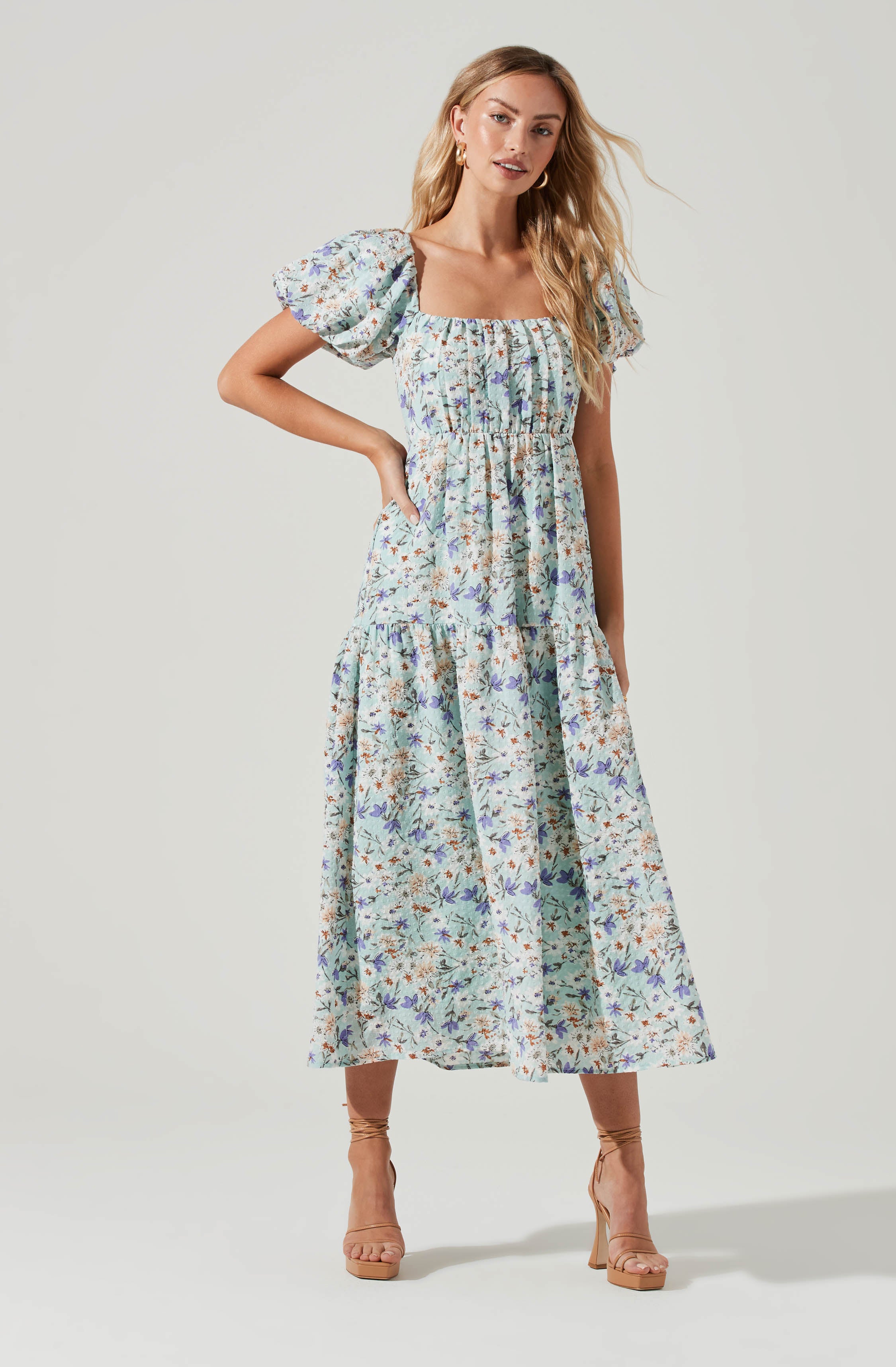 Bubble Sleeve Floral Tiered Midi Dress-Aljck