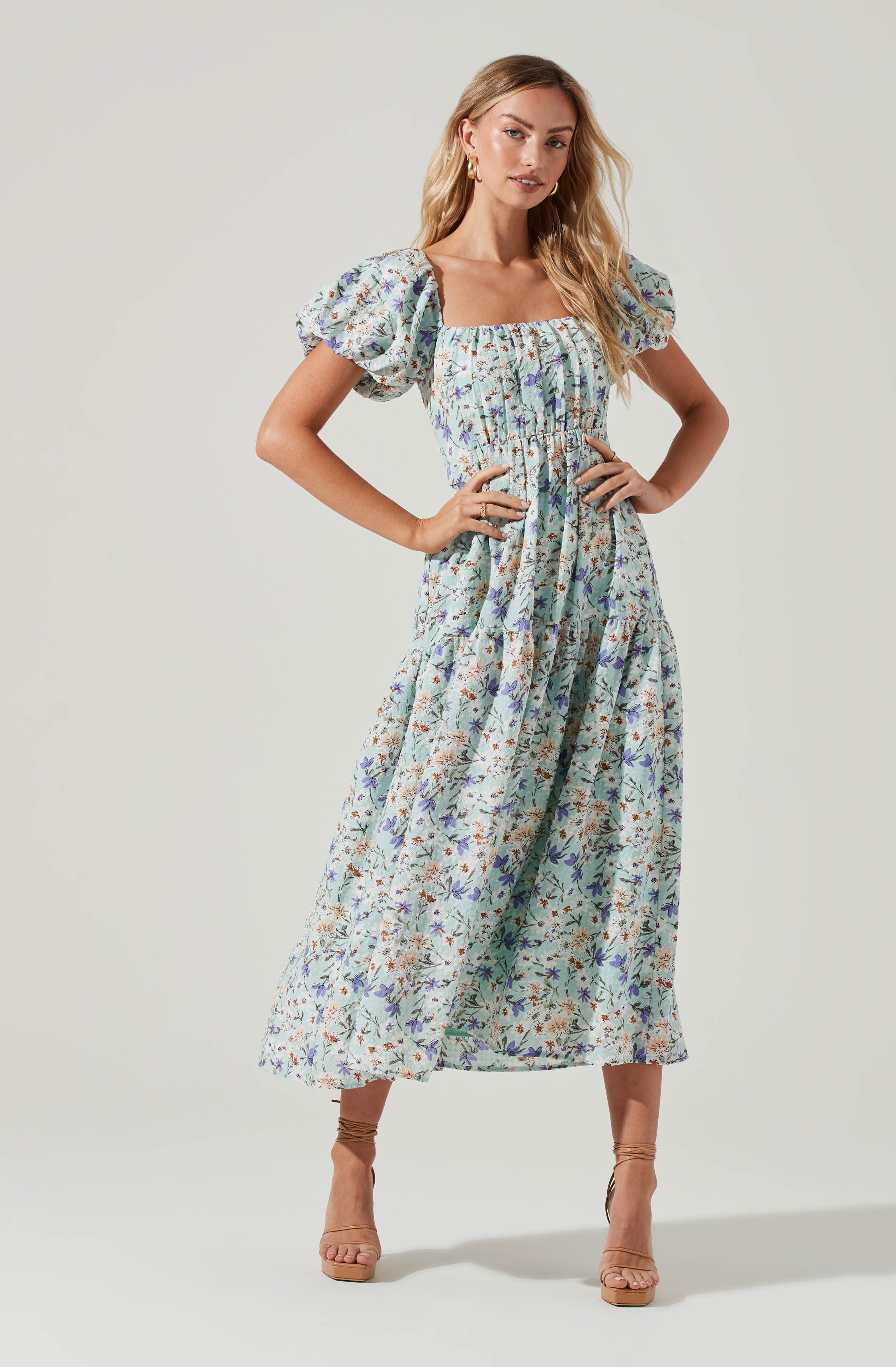Bubble Sleeve Floral Tiered Midi Dress-Aljck