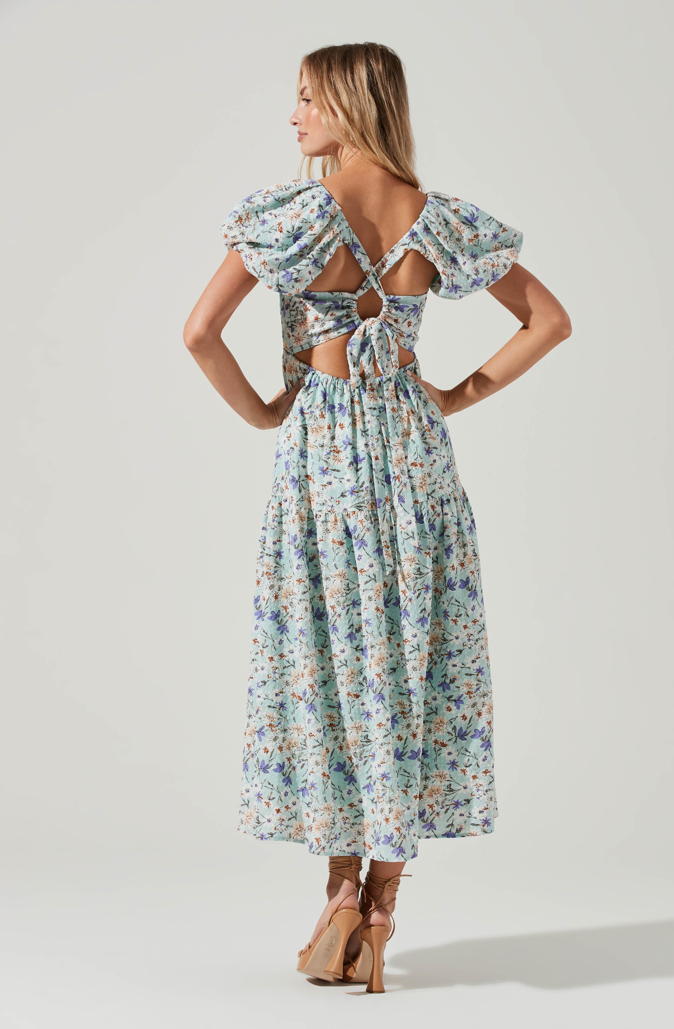 Bubble Sleeve Floral Tiered Midi Dress-Aljck