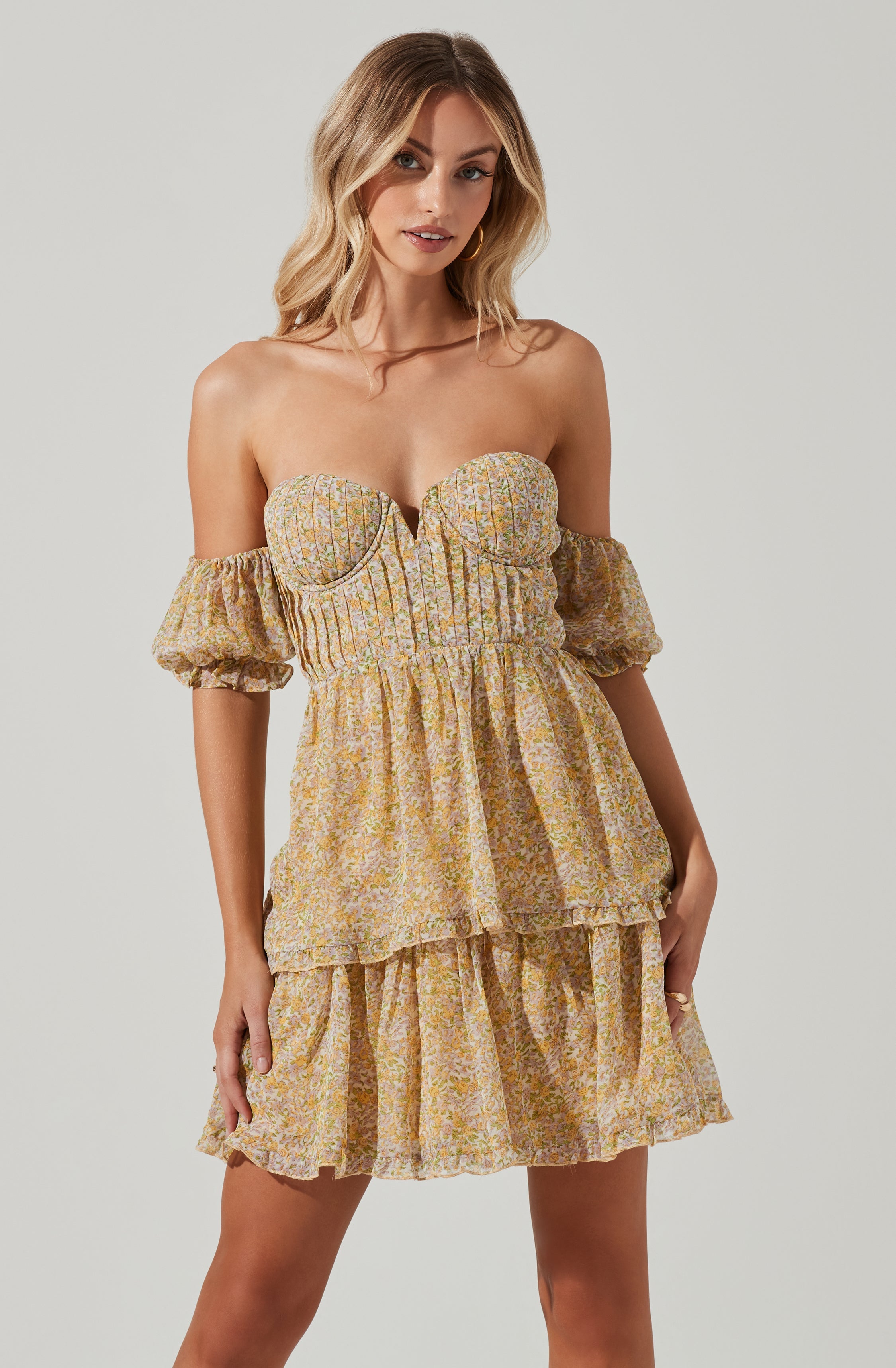 Off Shoulder Two Tier Floral Mini Dress-Aljck