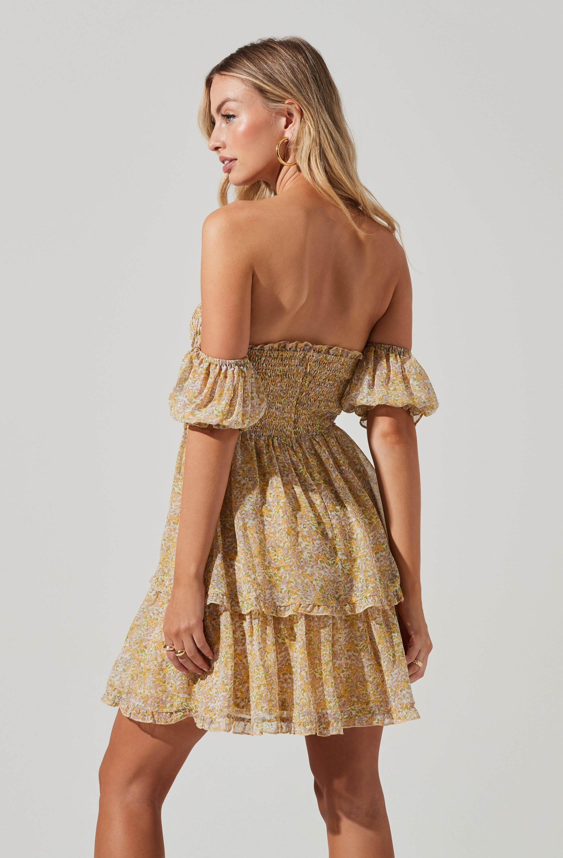 Off Shoulder Two Tier Floral Mini Dress-Aljck