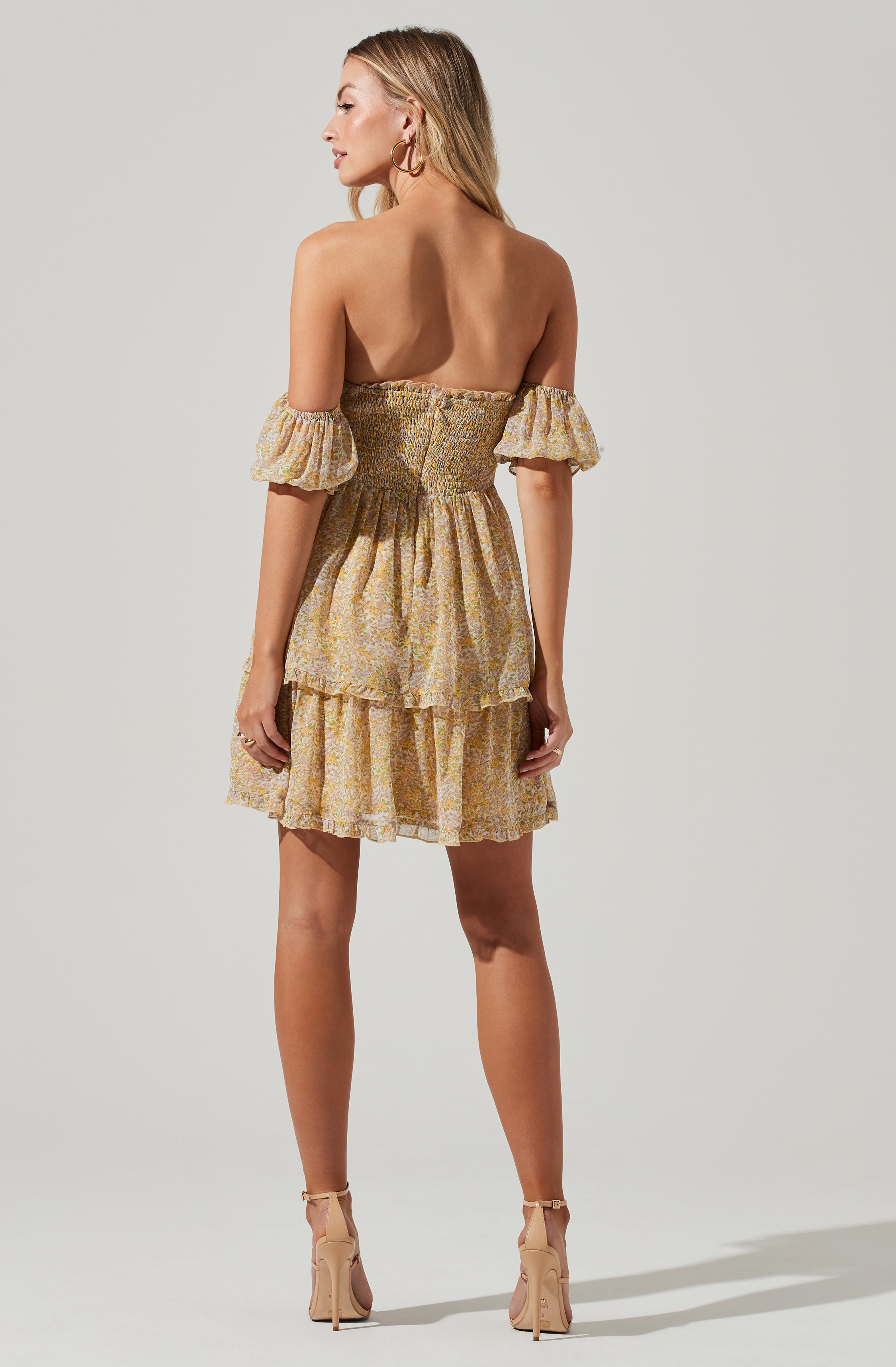 Off Shoulder Two Tier Floral Mini Dress-Aljck
