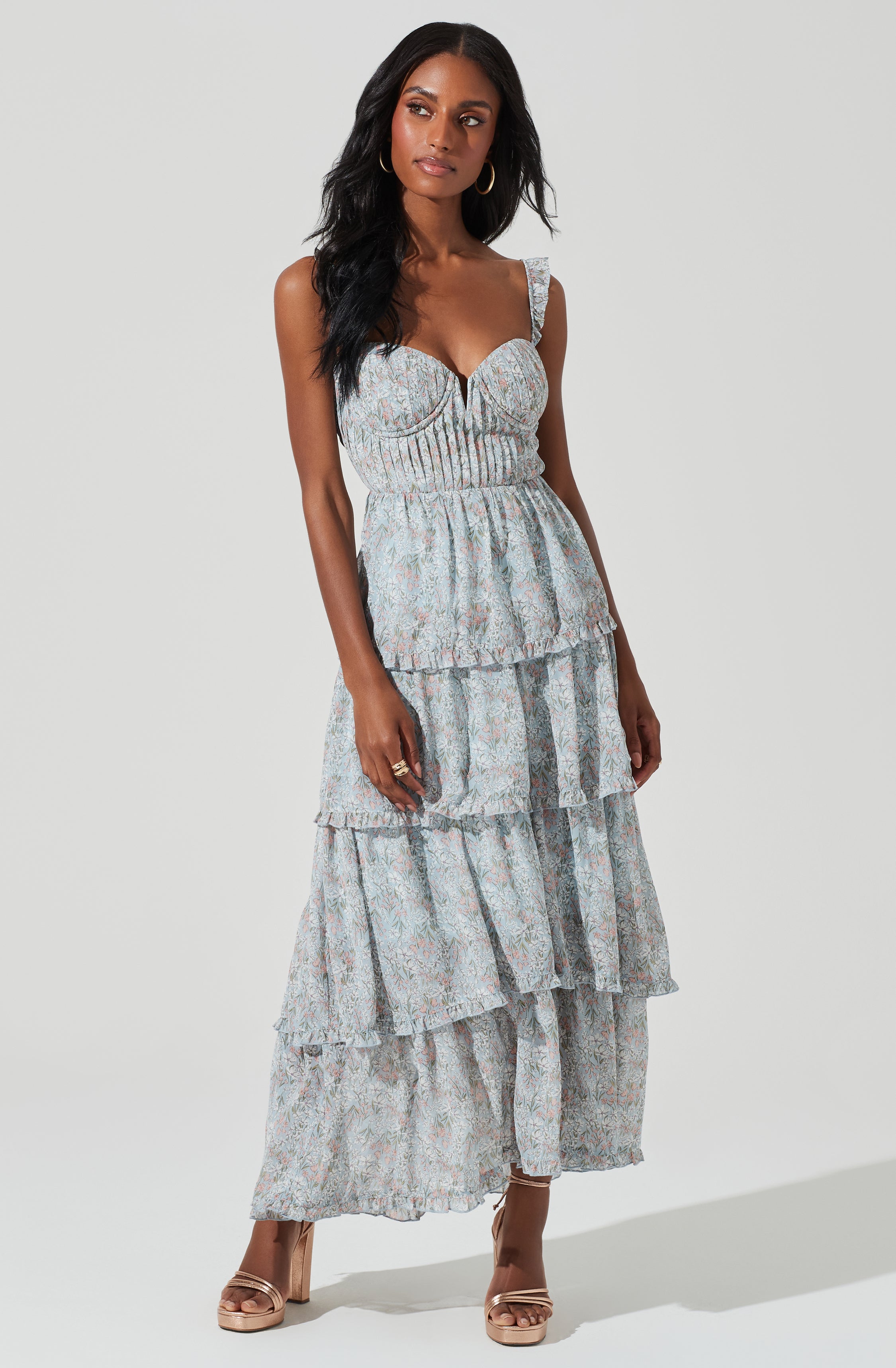 Flutter Strap Floral Tiered Maxi Dress-Aljck
