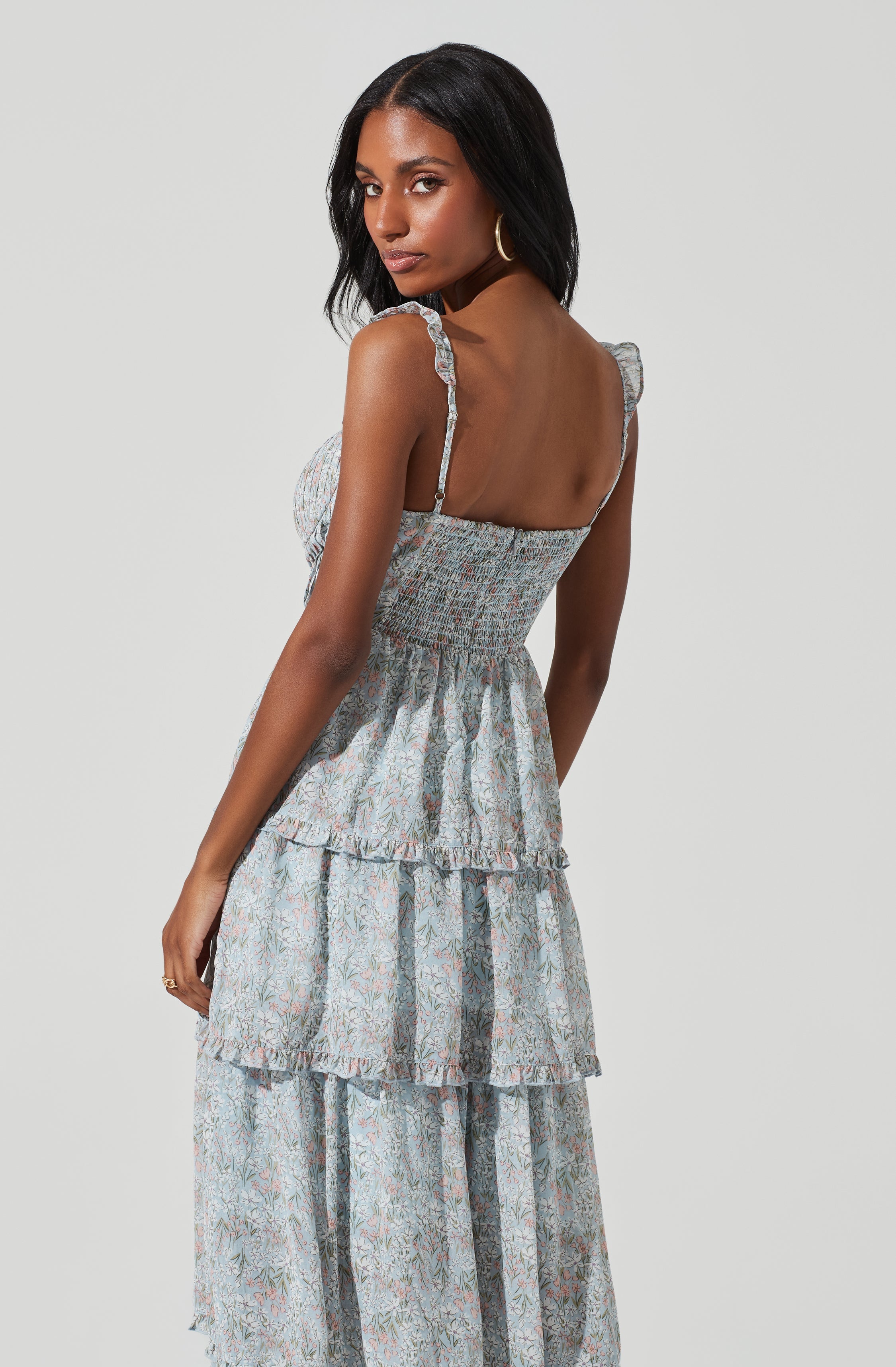 Flutter Strap Floral Tiered Maxi Dress-Aljck