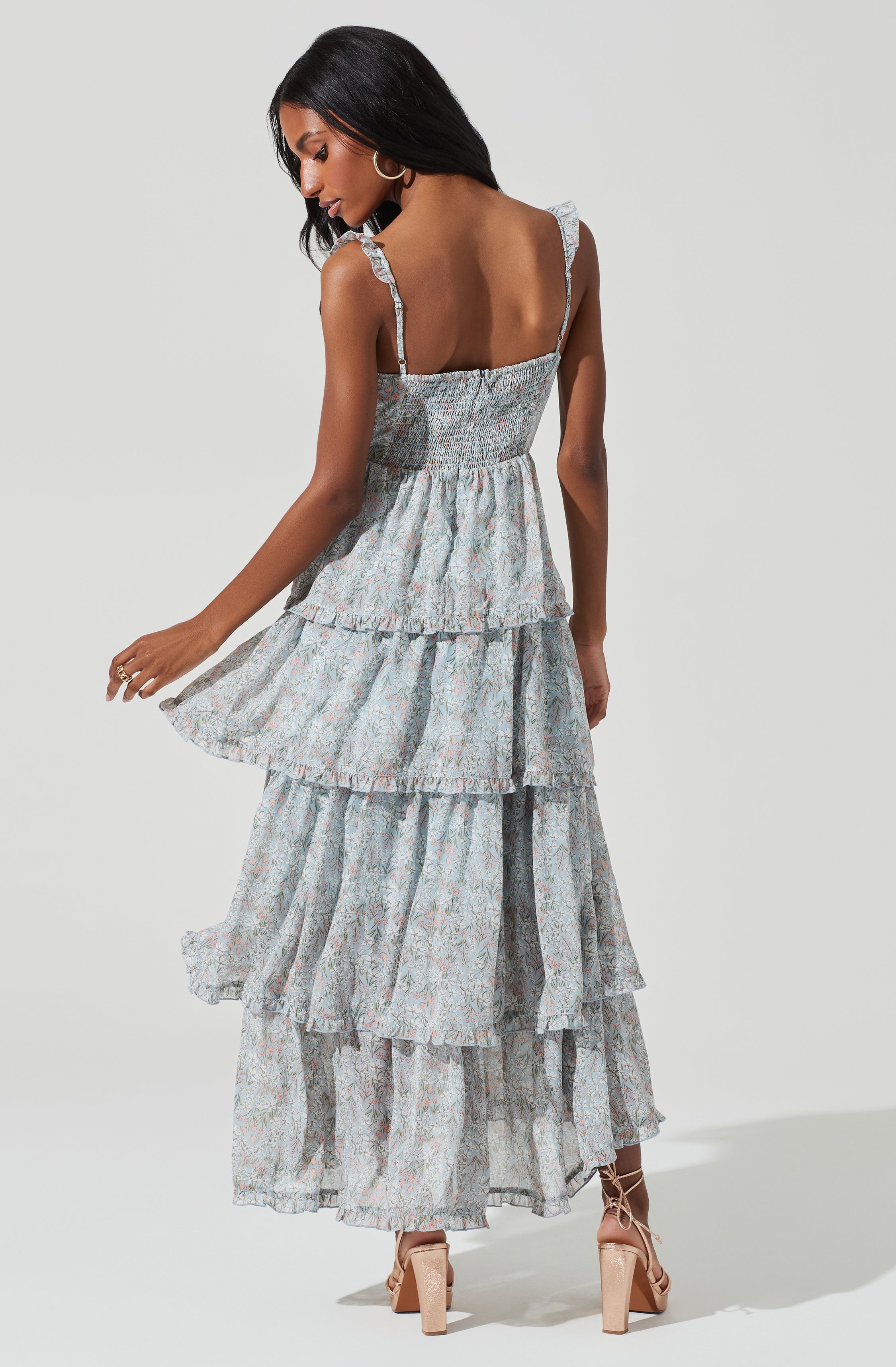 Flutter Strap Floral Tiered Maxi Dress-Aljck