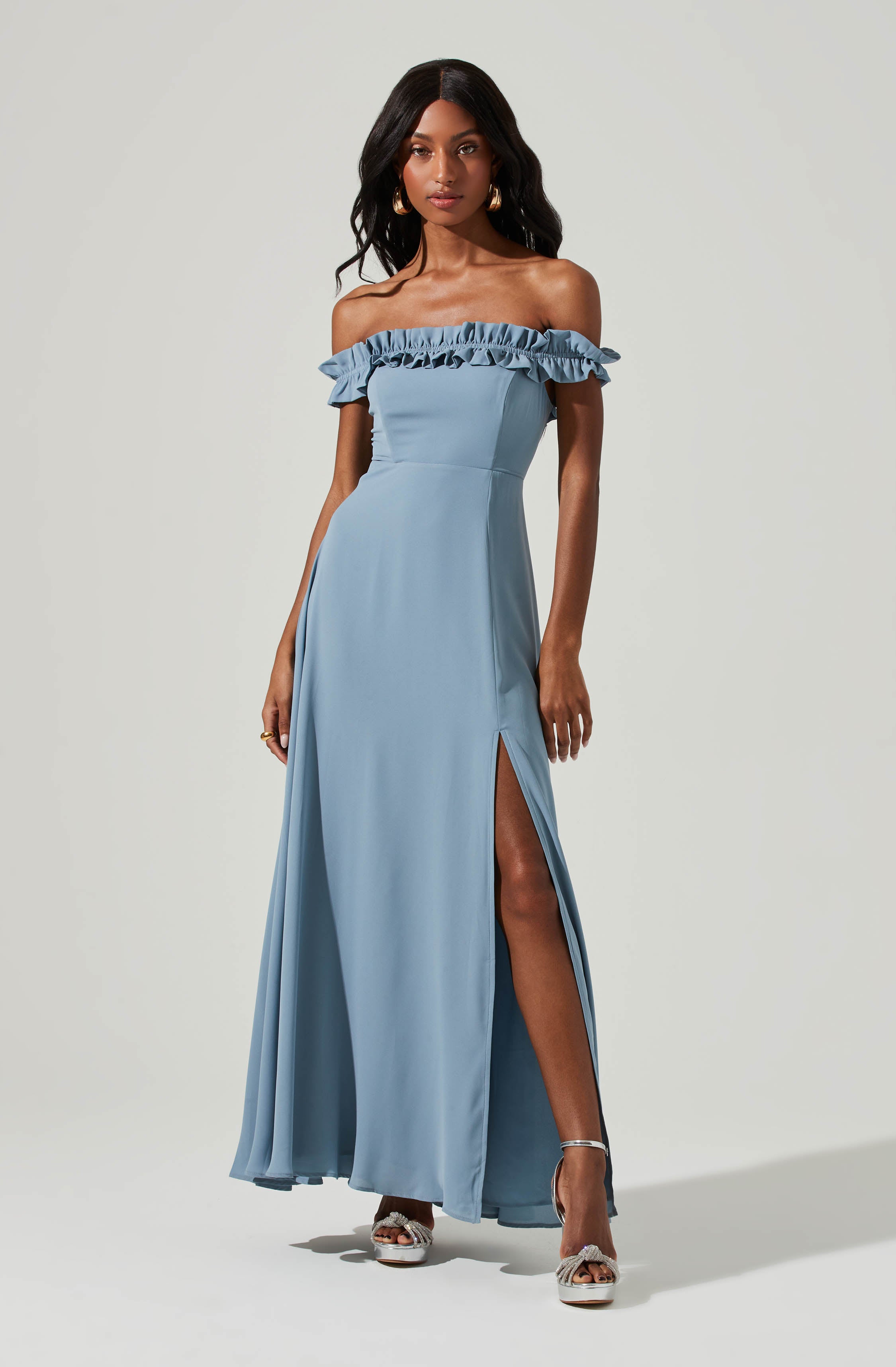 Venetia Off Shoulder Ruffle Trim Maxi Dress-Aljck