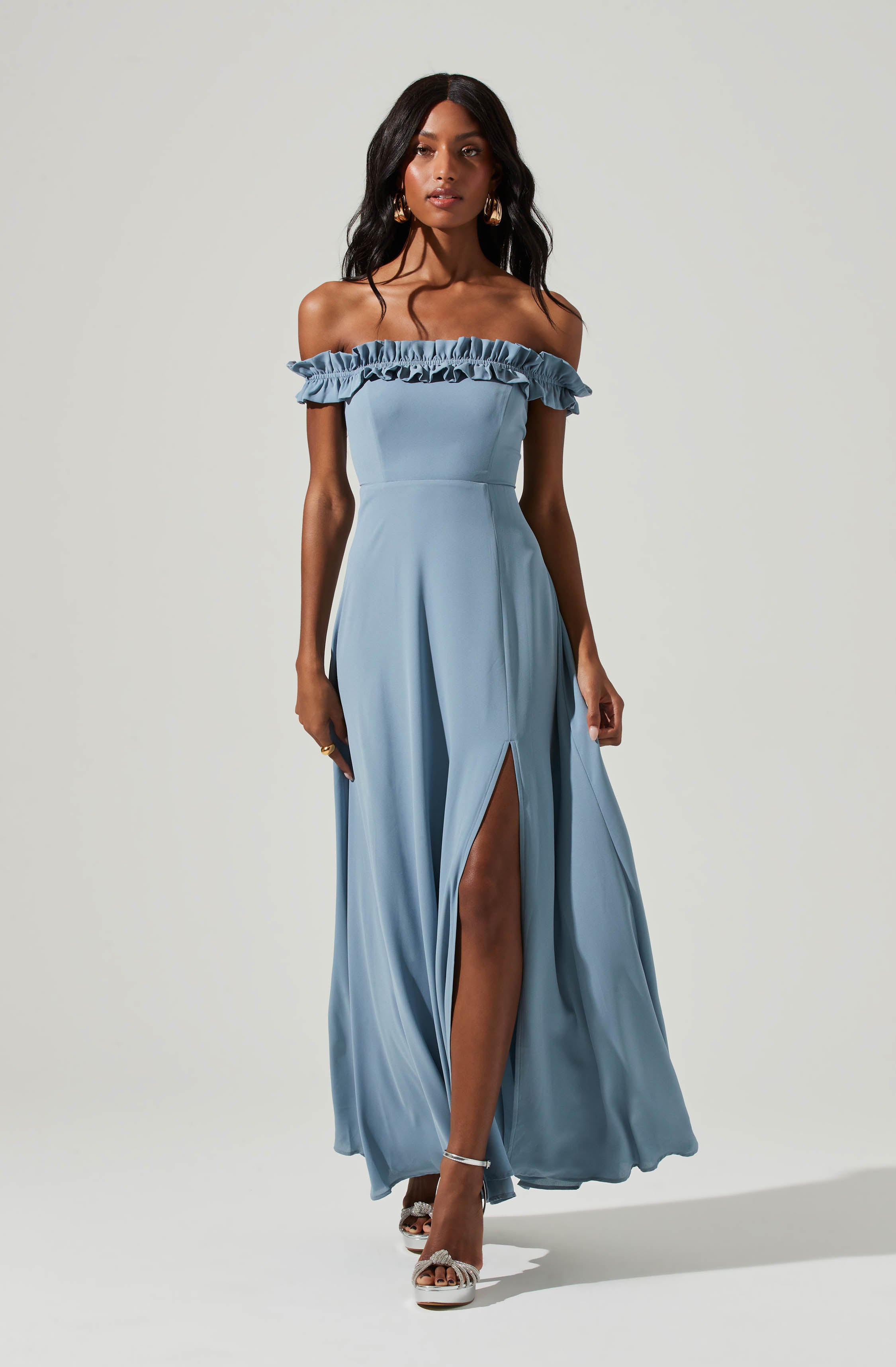 Venetia Off Shoulder Ruffle Trim Maxi Dress-Aljck
