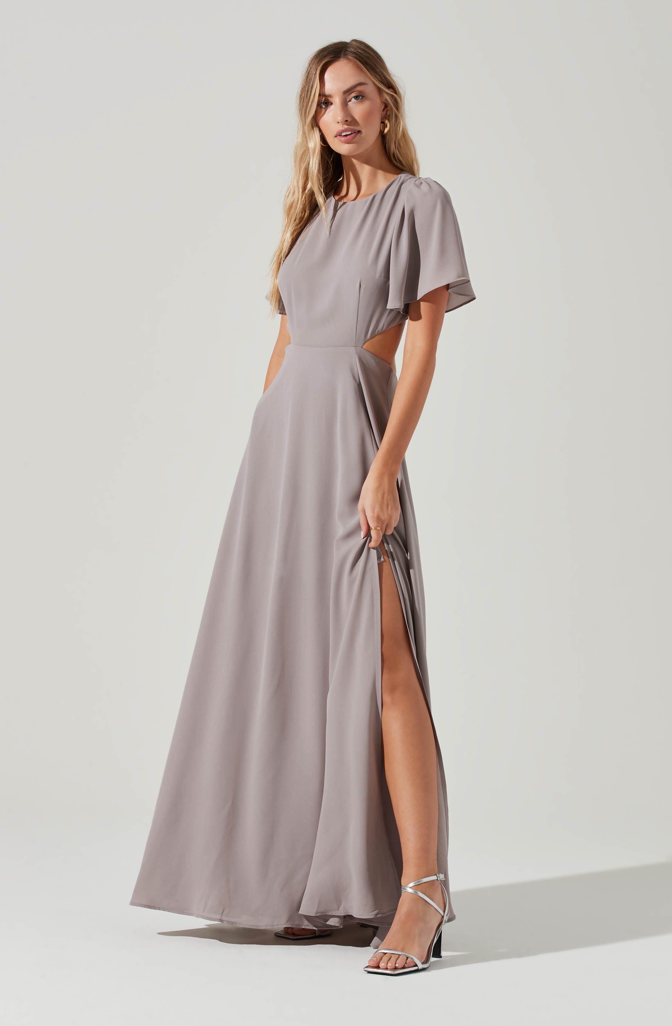 Katrina Flutter Sleeve Back Cutout Maxi Dress-Aljck