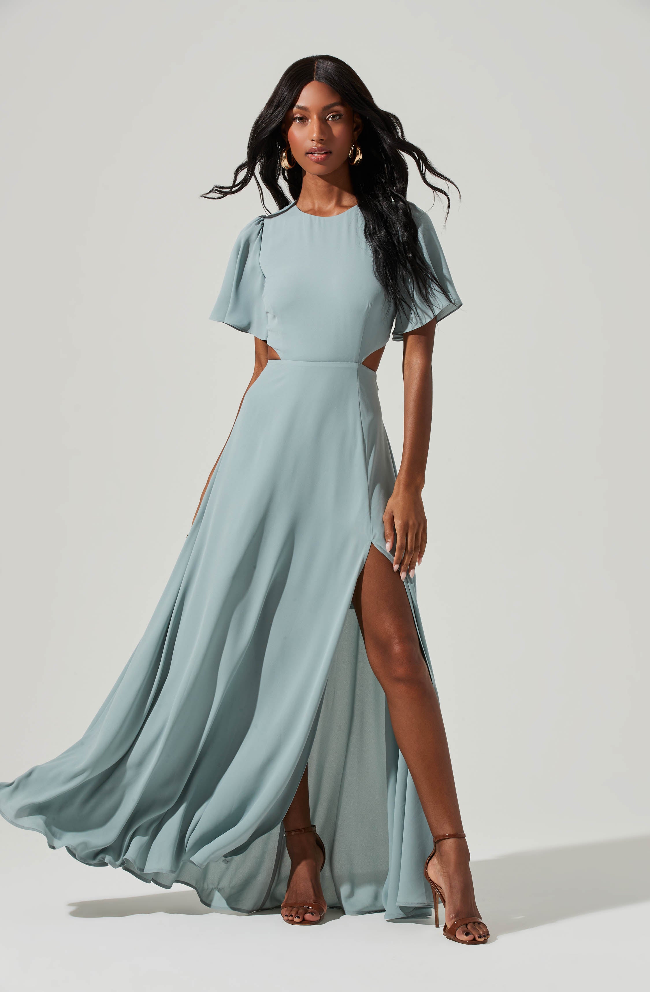 Katrina Flutter Sleeve Back Cutout Maxi Dress-Aljck