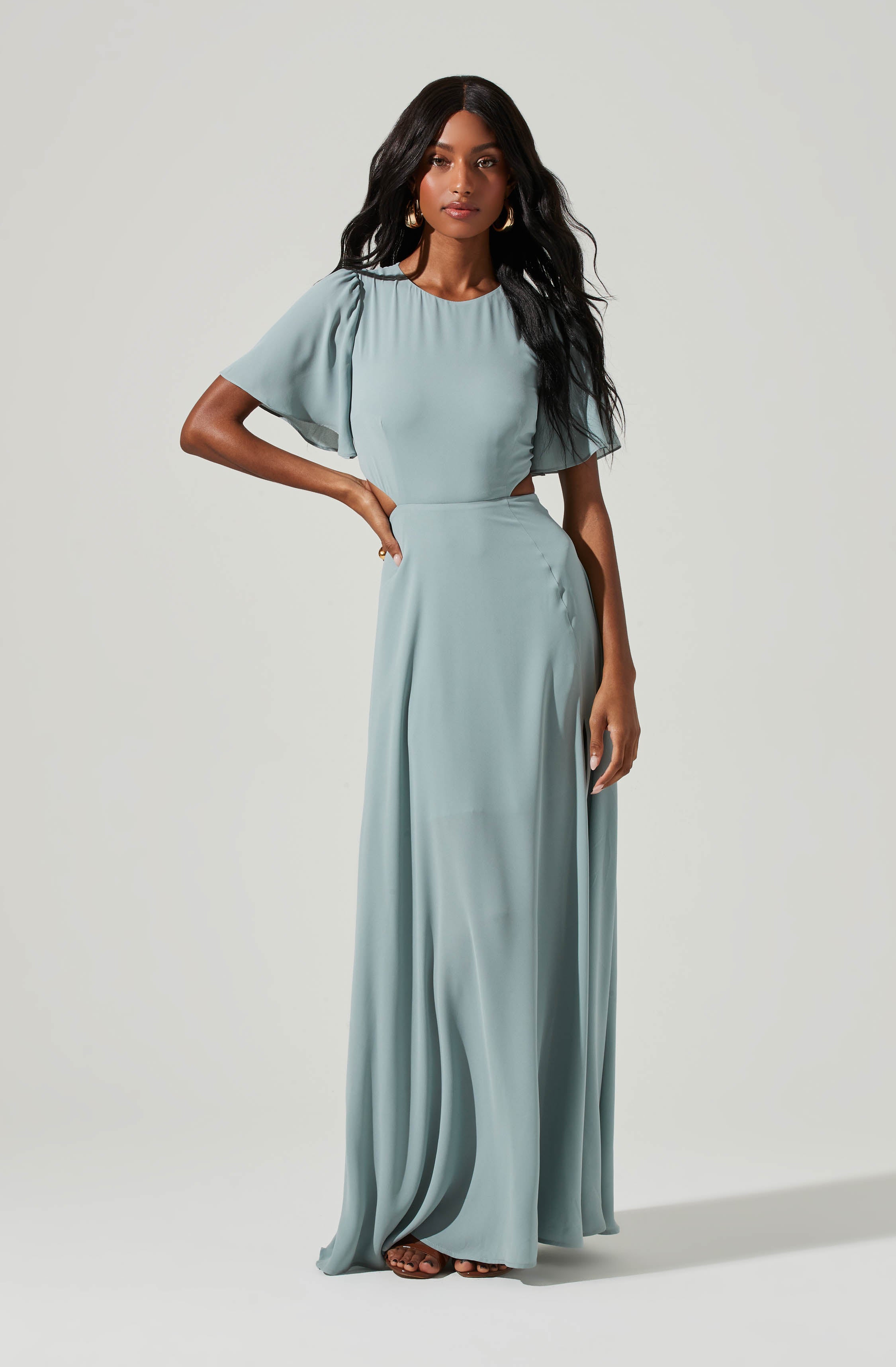 Katrina Flutter Sleeve Back Cutout Maxi Dress-Aljck