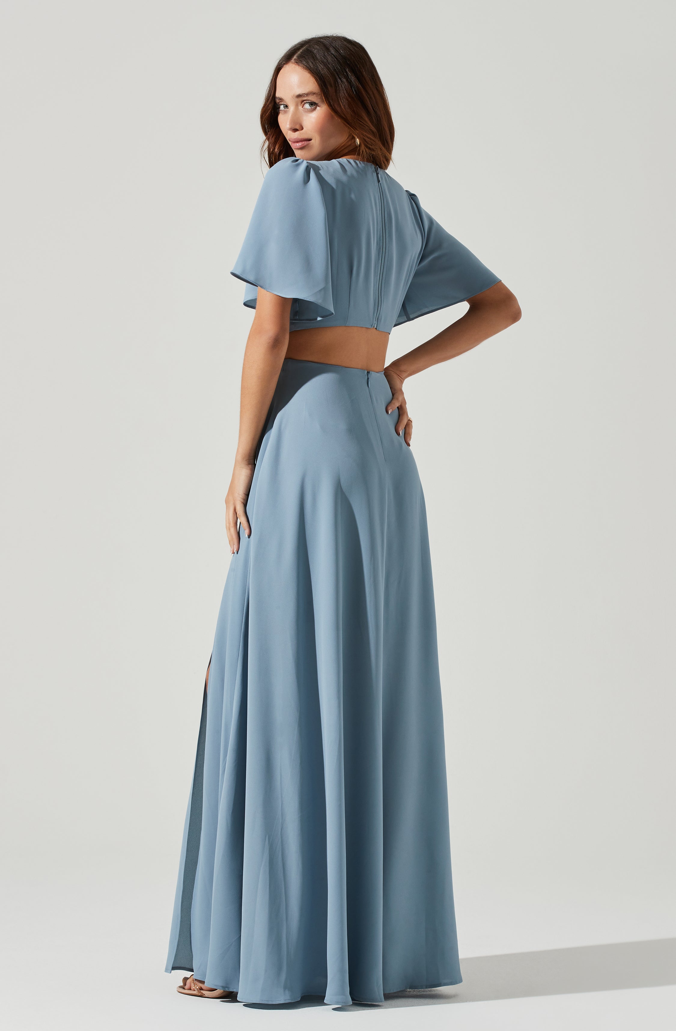 Katrina Flutter Sleeve Back Cutout Maxi Dress-Aljck