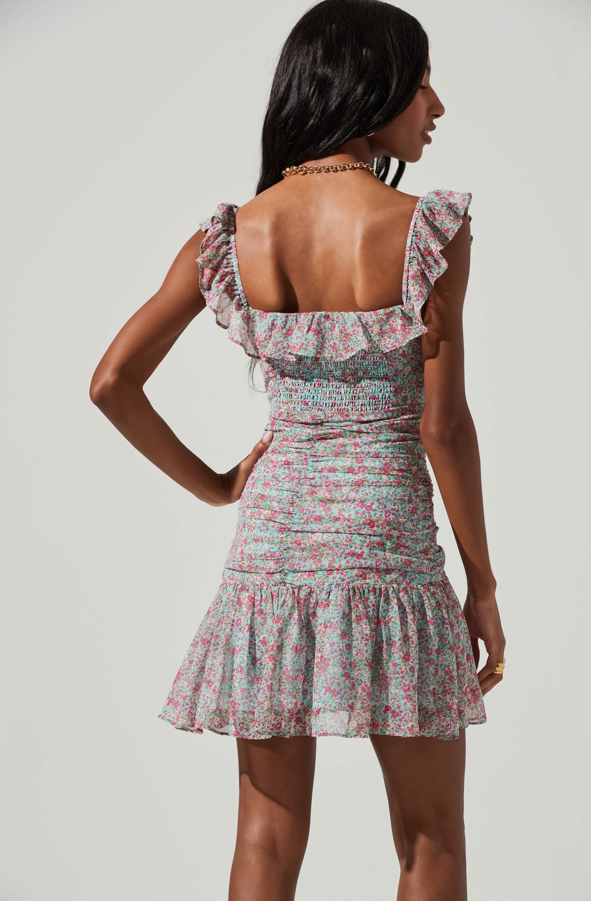 Off Shoulder Ruched Floral Mini Dress-Aljck