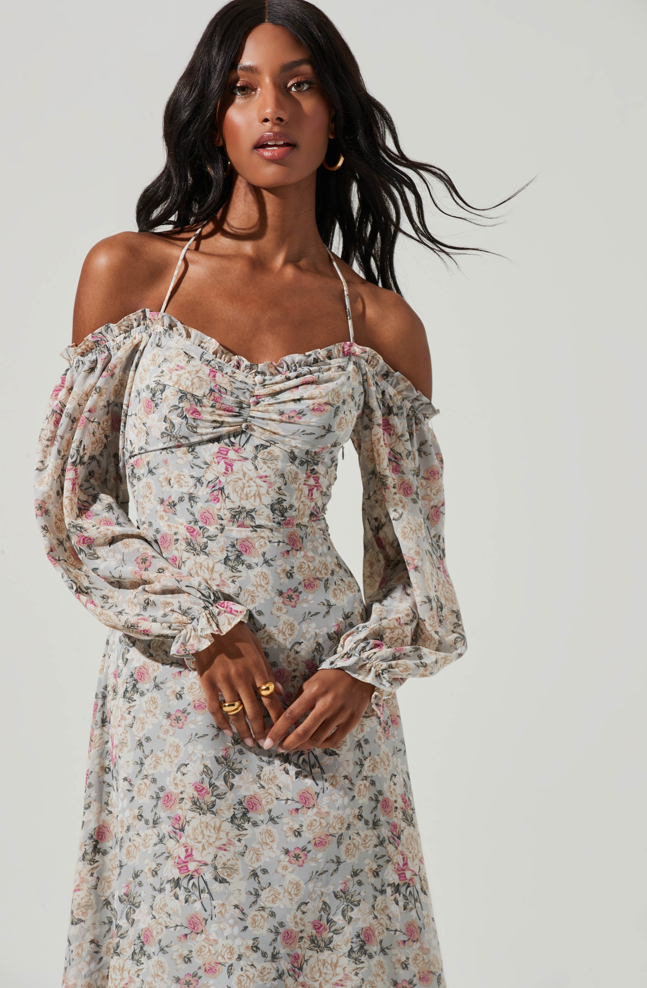 Off Shoulder Long Sleeve Cinched Bust Midi Dress-Aljck