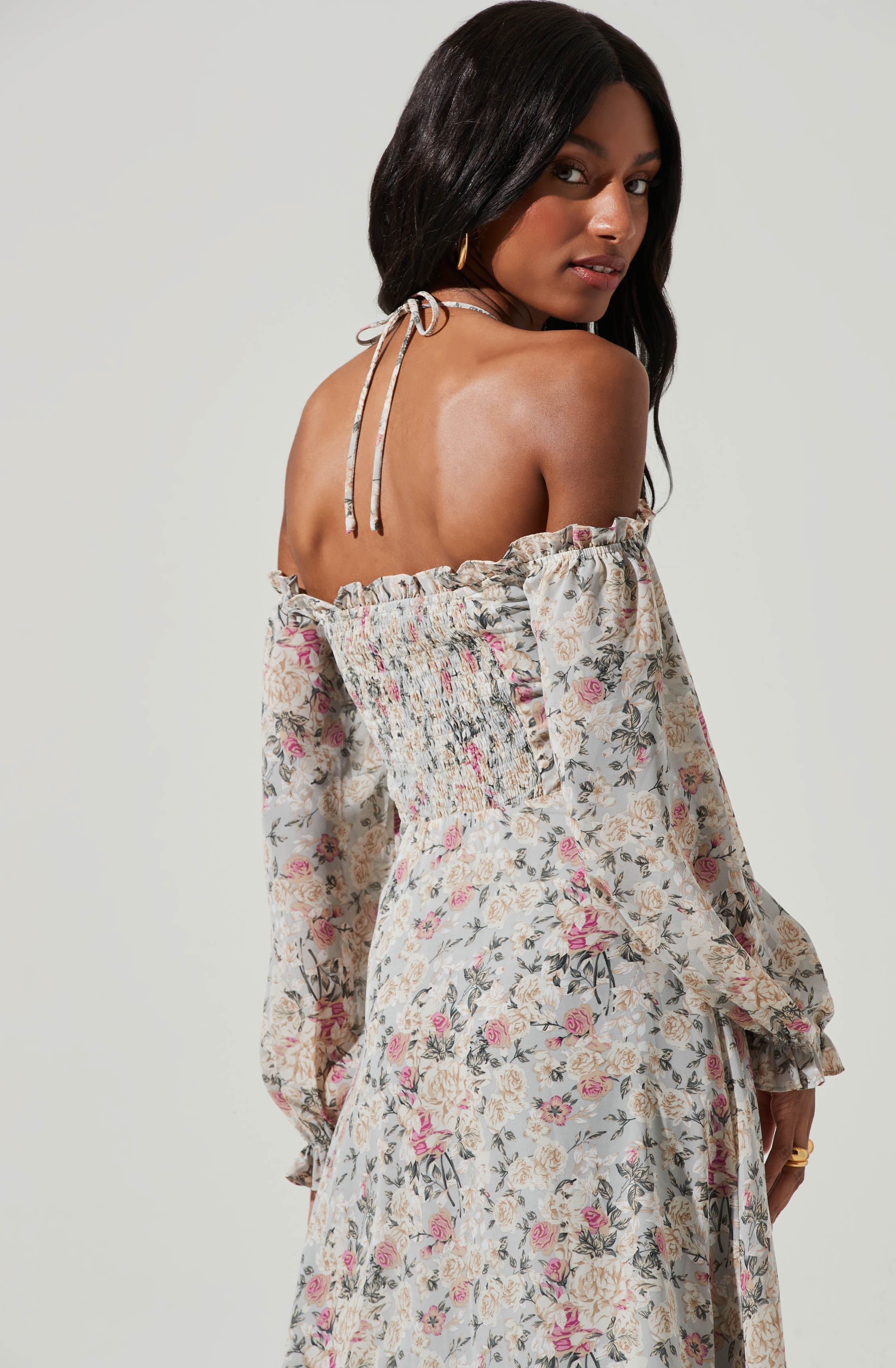 Off Shoulder Long Sleeve Cinched Bust Midi Dress-Aljck