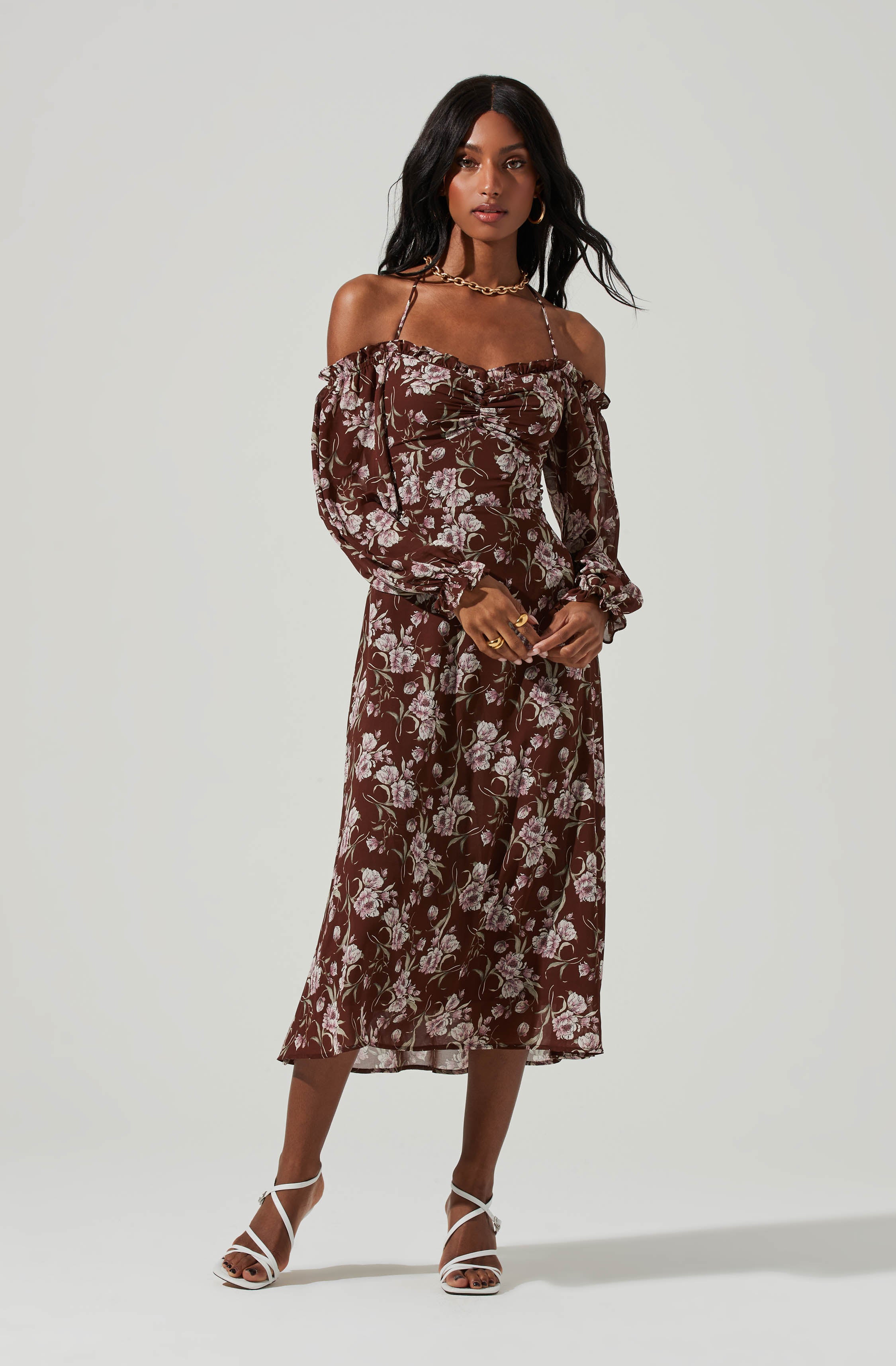 Off Shoulder Long Sleeve Cinched Bust Midi Dress-Aljck