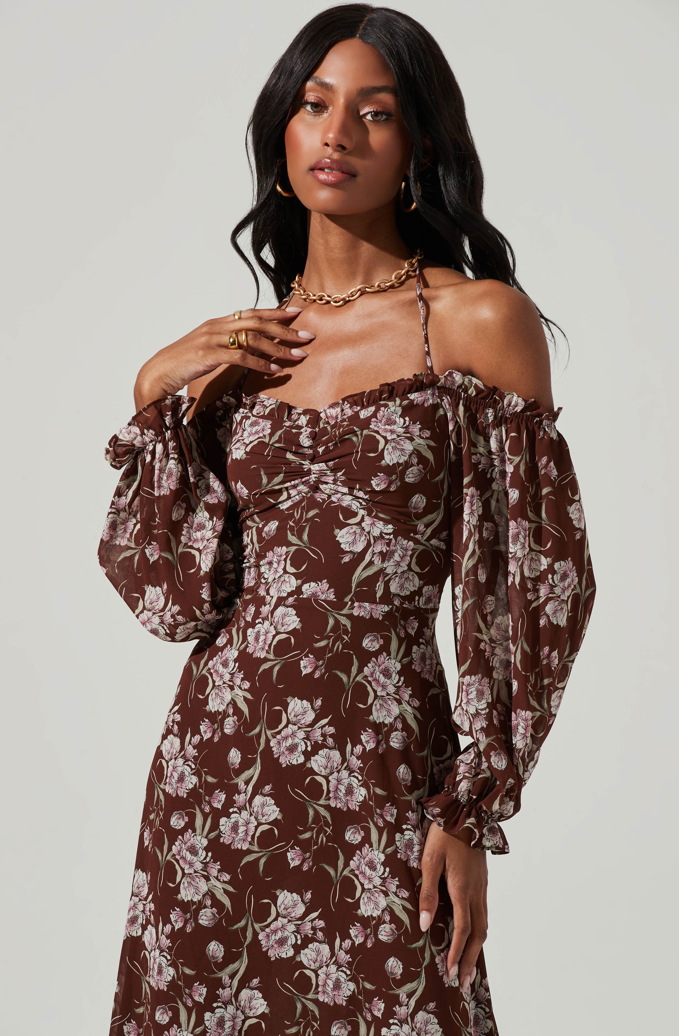 Off Shoulder Long Sleeve Cinched Bust Midi Dress-Aljck
