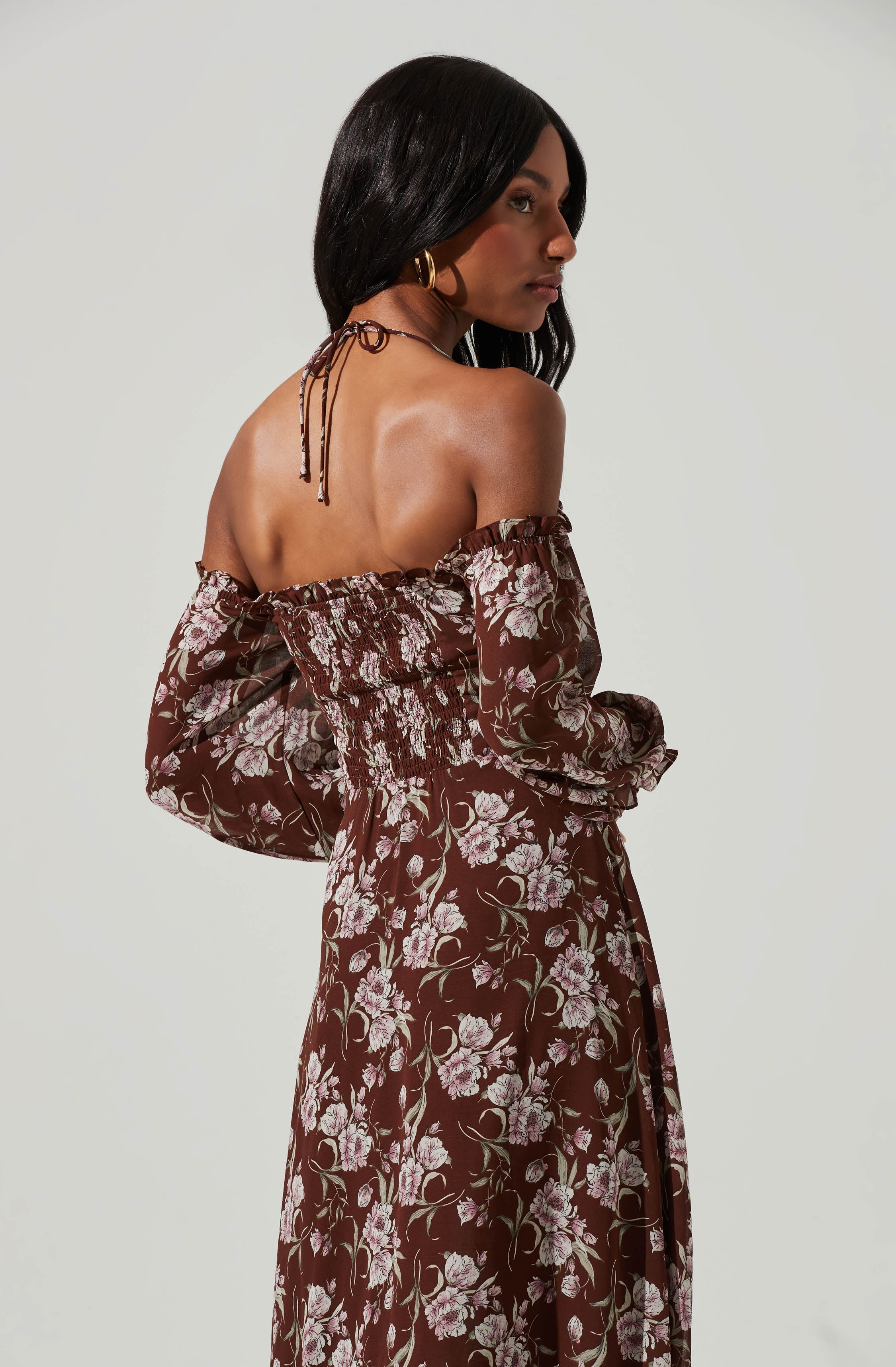 Off Shoulder Long Sleeve Cinched Bust Midi Dress-Aljck