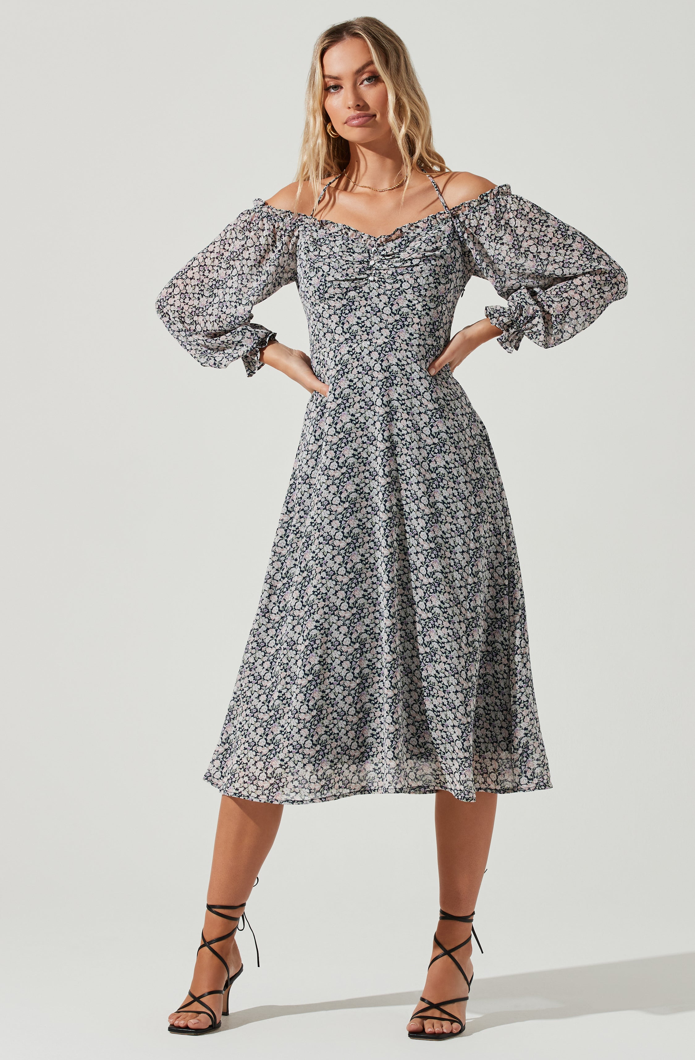 Off Shoulder Long Sleeve Cinched Bust Midi Dress-Aljck