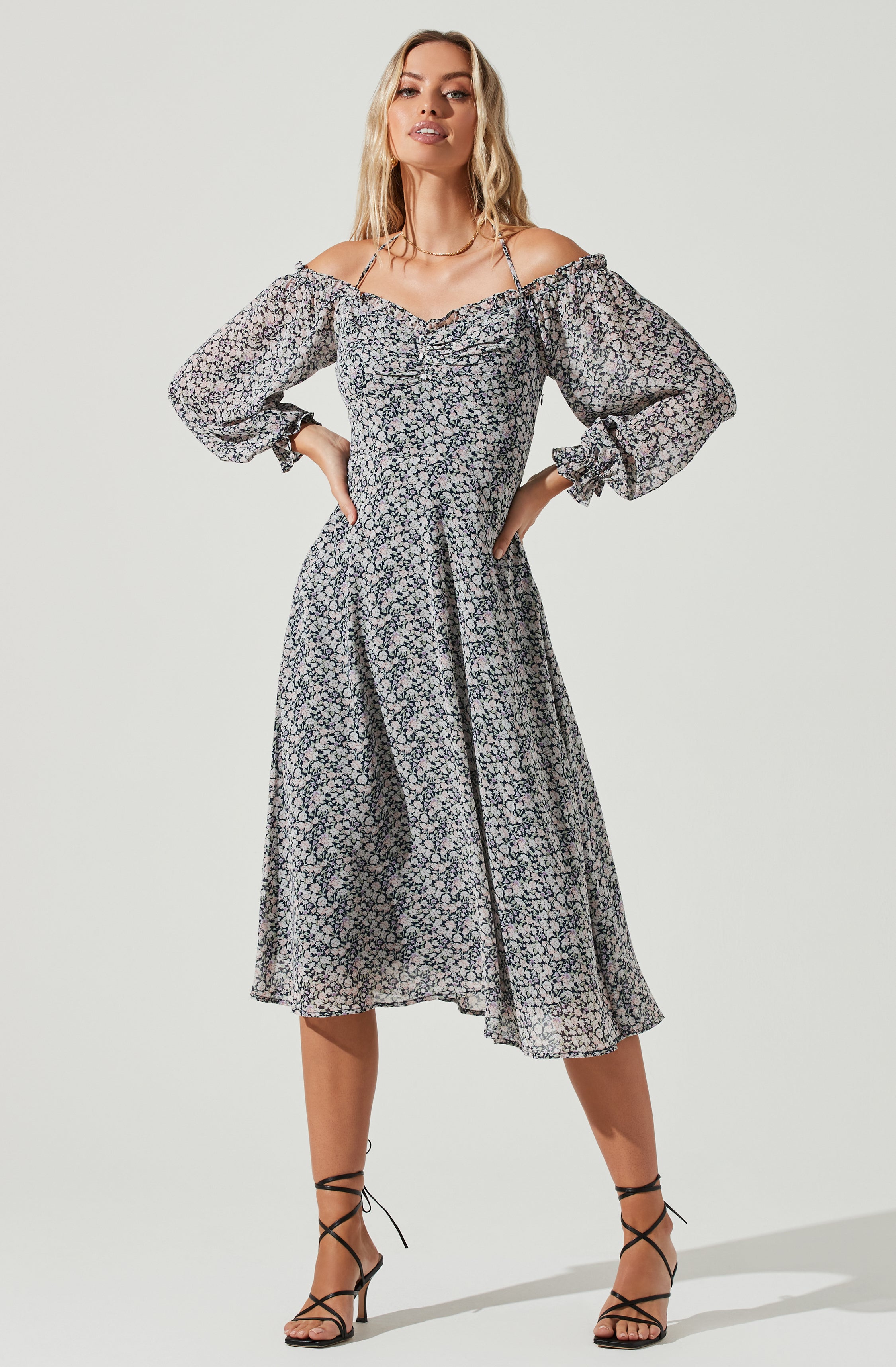 Off Shoulder Long Sleeve Cinched Bust Midi Dress-Aljck