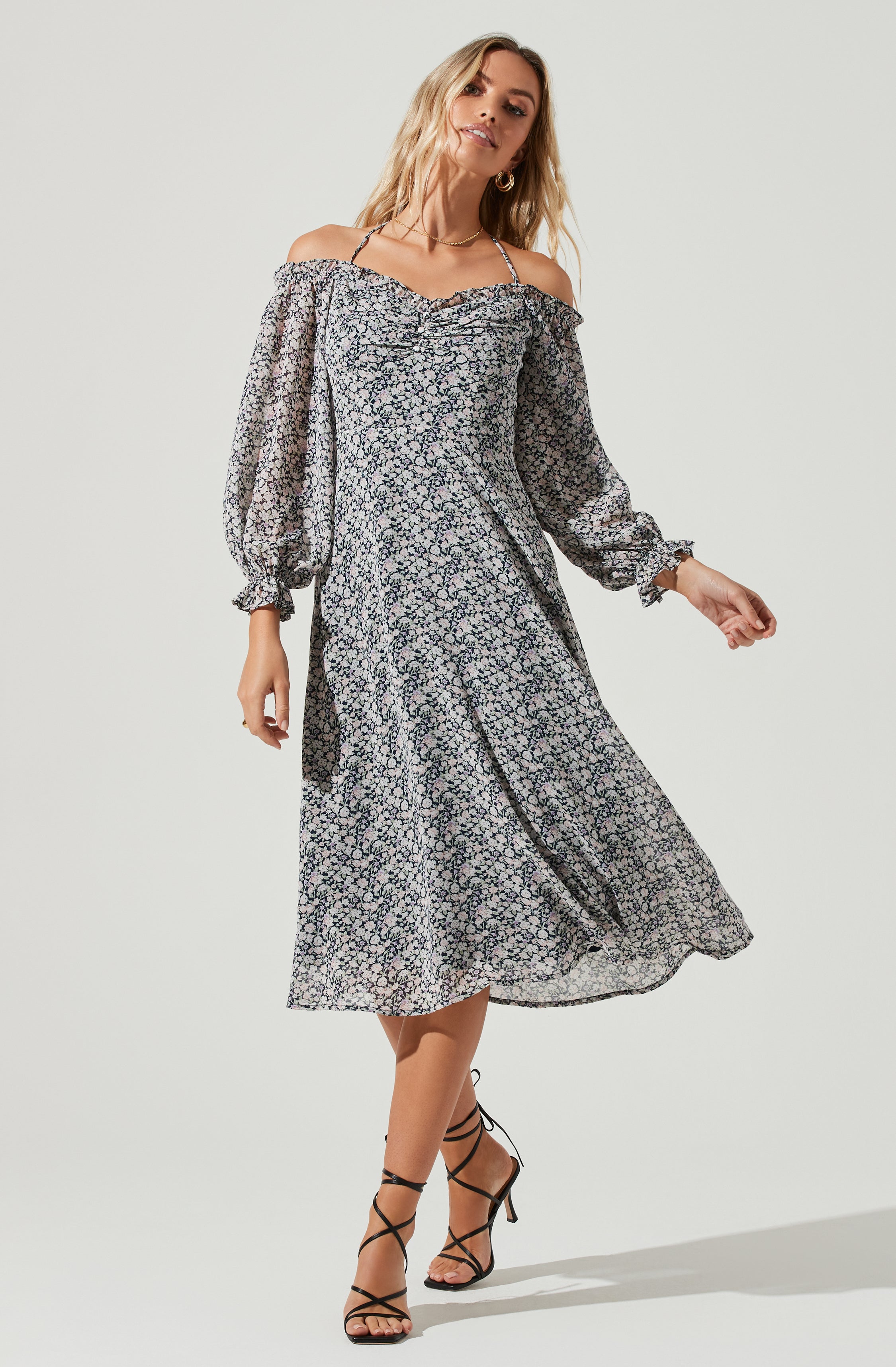 Off Shoulder Long Sleeve Cinched Bust Midi Dress-Aljck