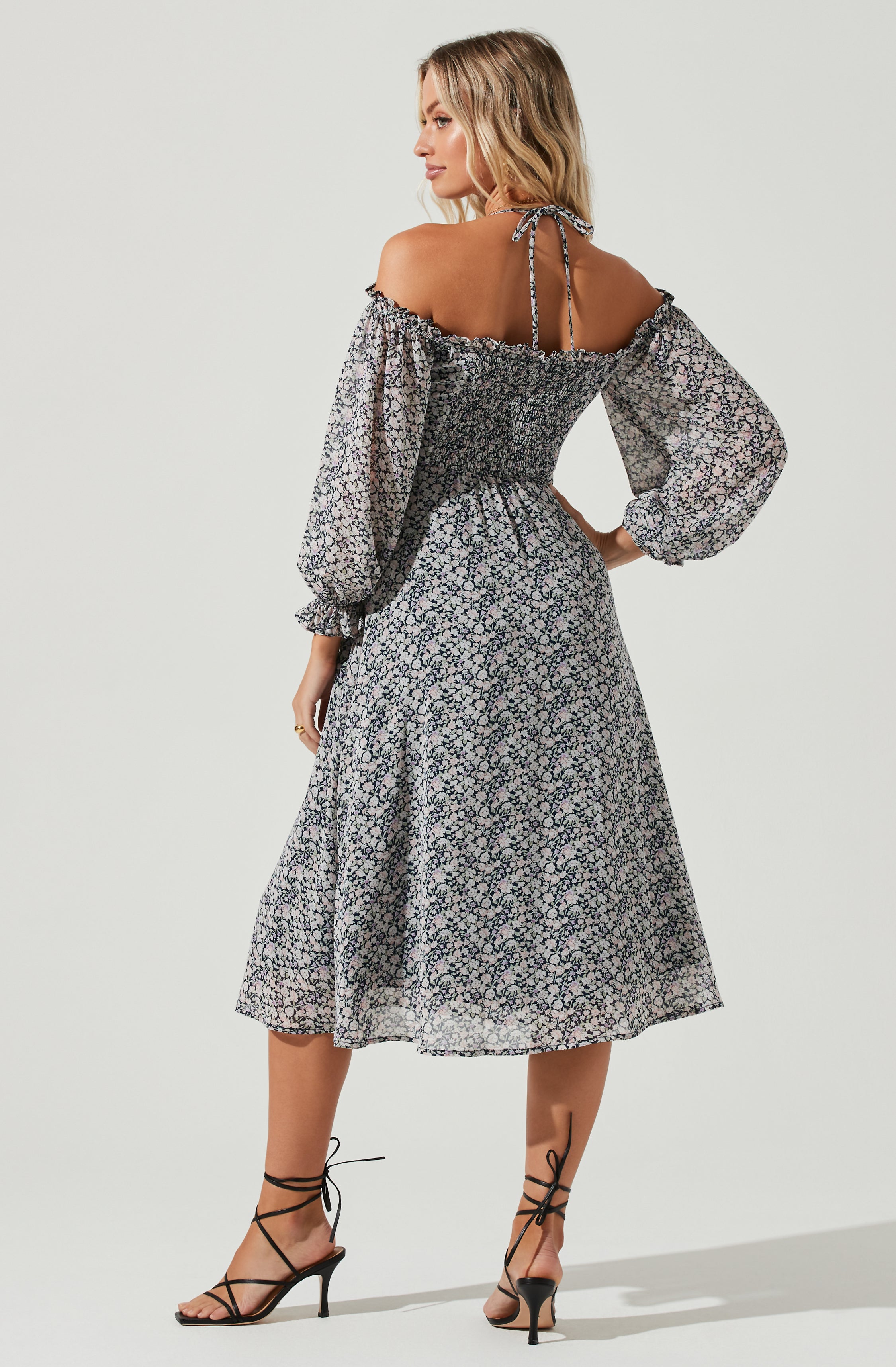 Off Shoulder Long Sleeve Cinched Bust Midi Dress-Aljck