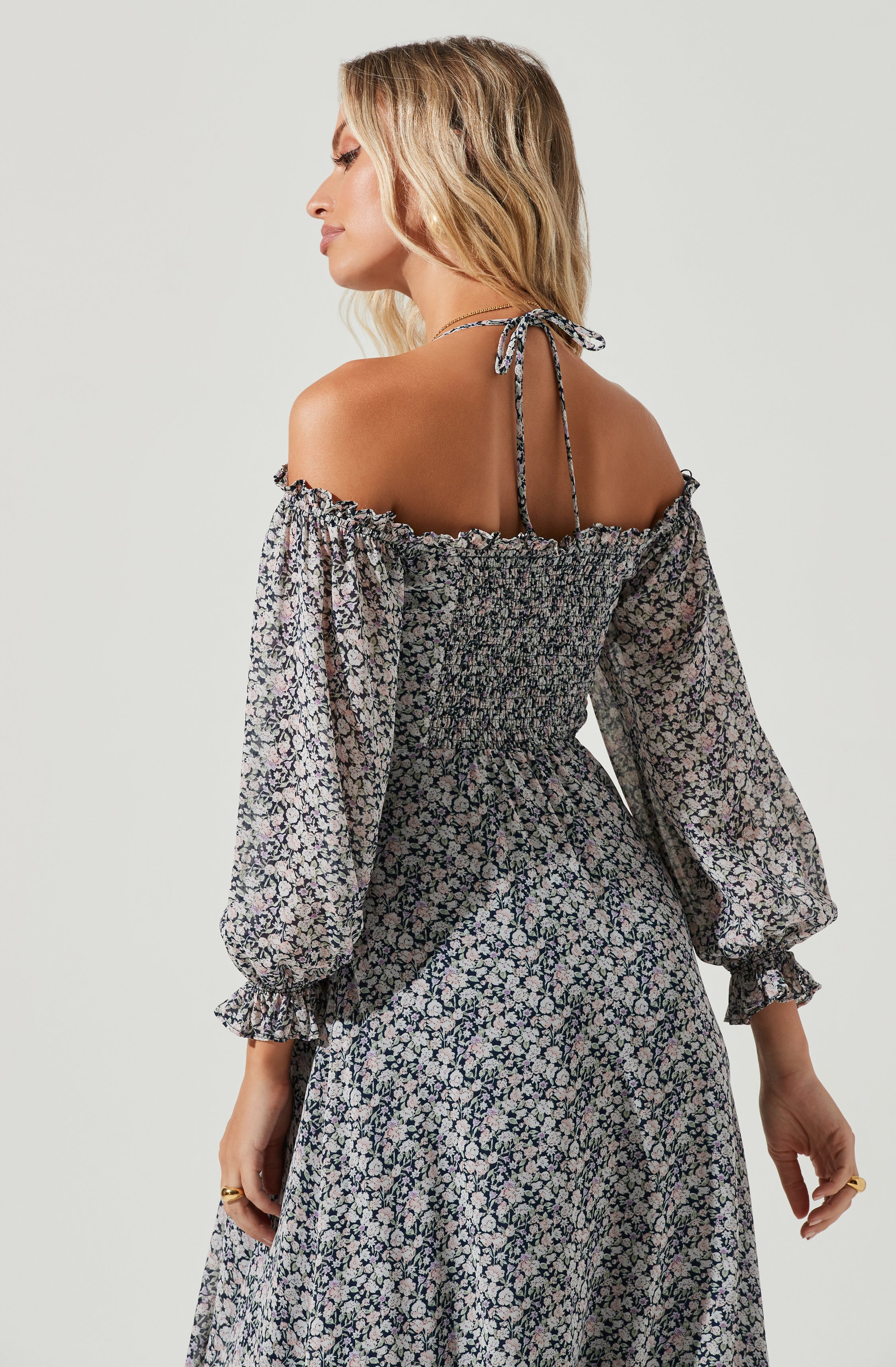 Off Shoulder Long Sleeve Cinched Bust Midi Dress-Aljck