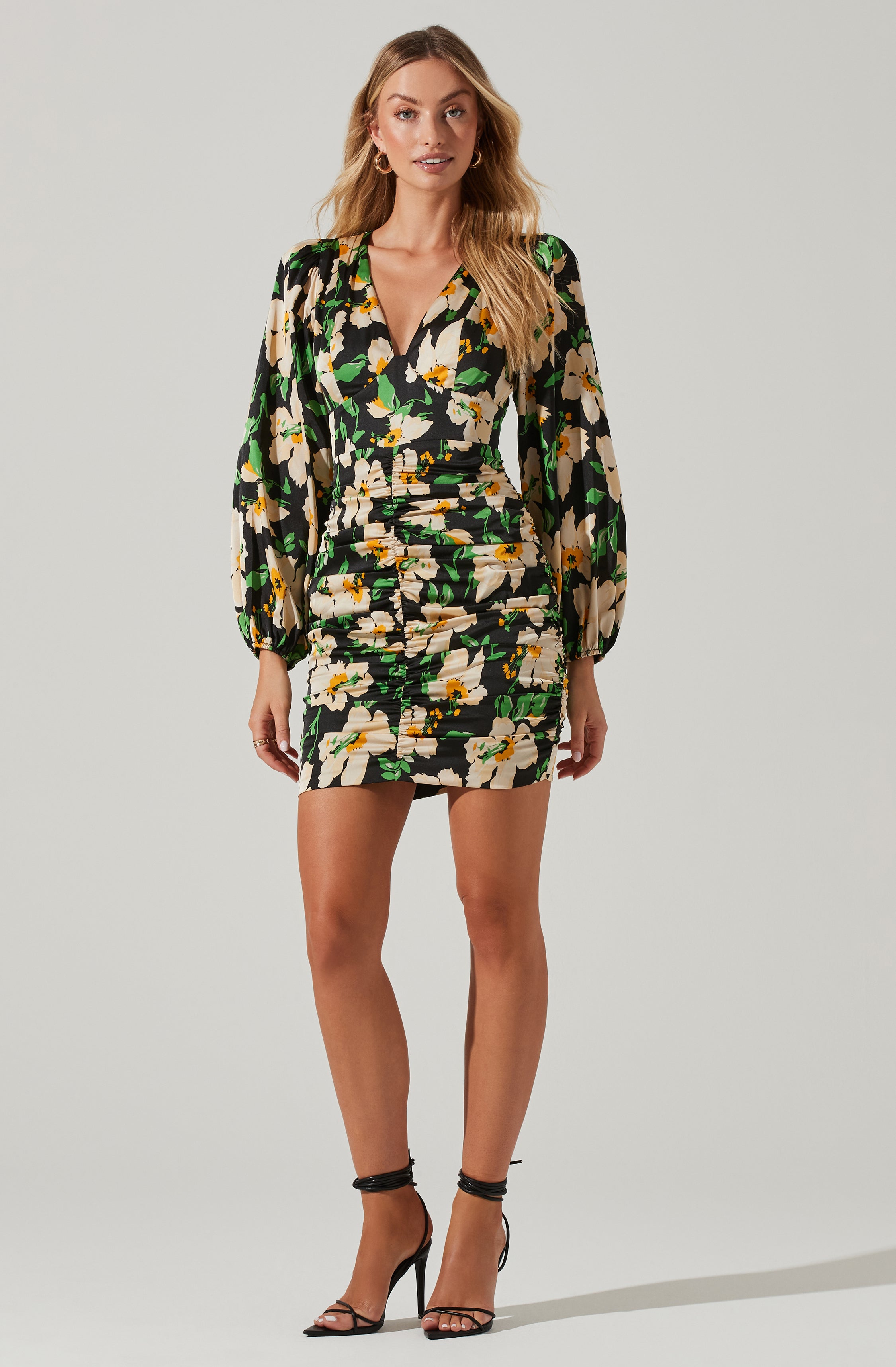 Floral Ruched V-Neck Mini Dress-Aljck