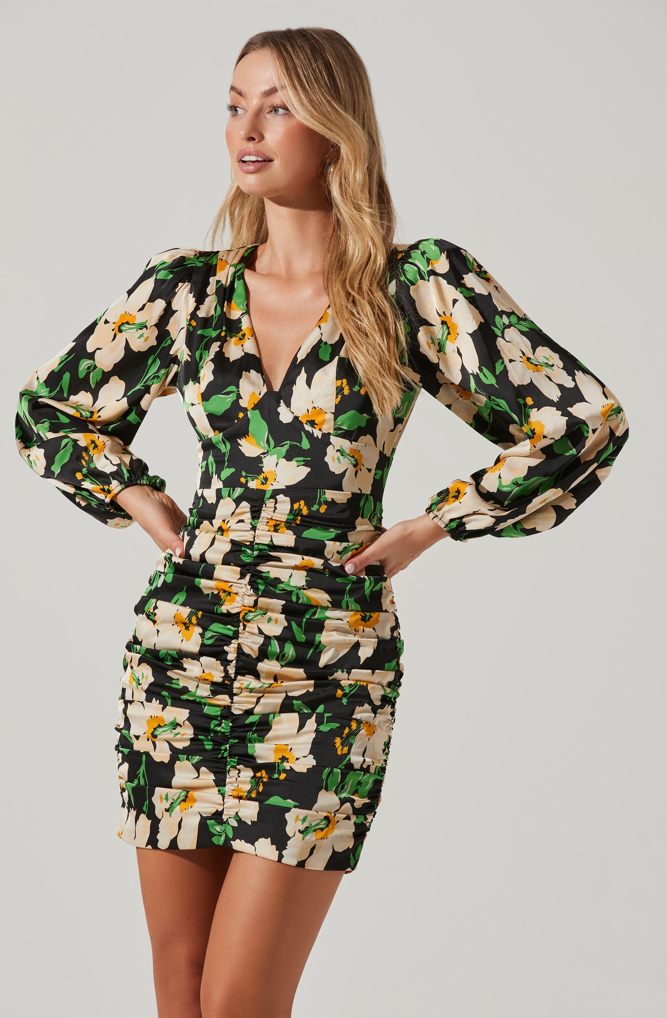 Floral Ruched V-Neck Mini Dress-Aljck