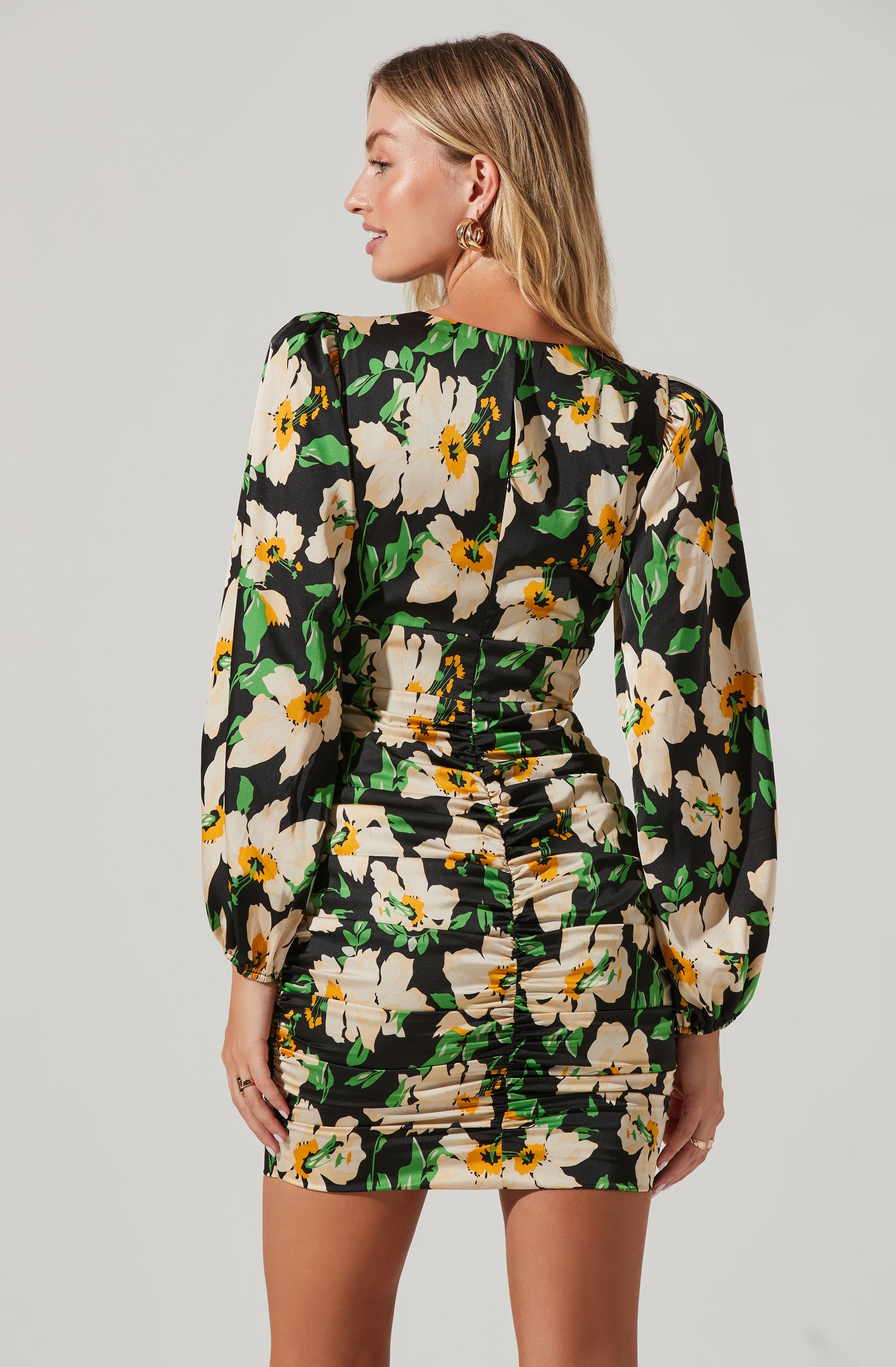 Floral Ruched V-Neck Mini Dress-Aljck